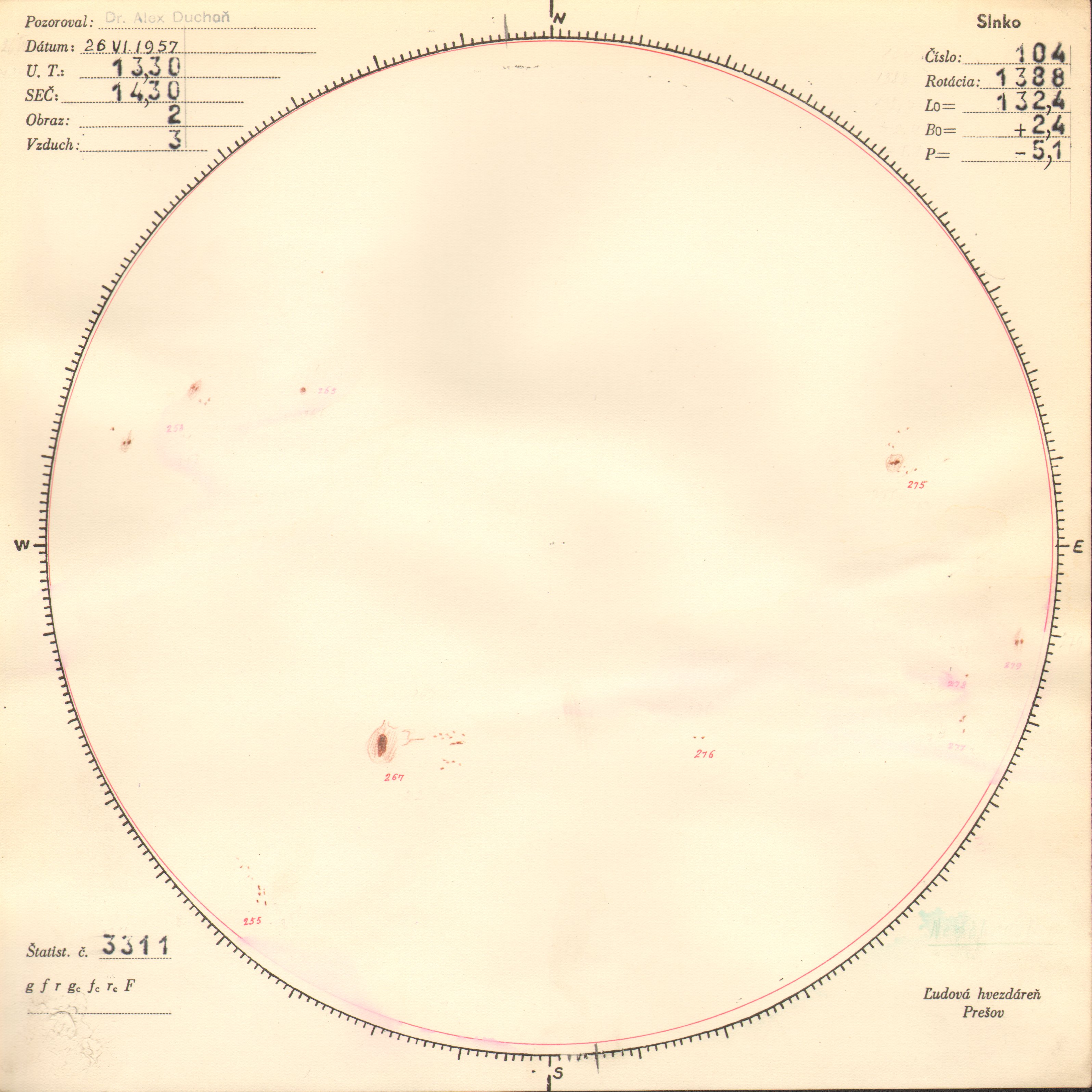 Obrázok zákresu Slnka na deň 26.06.1957