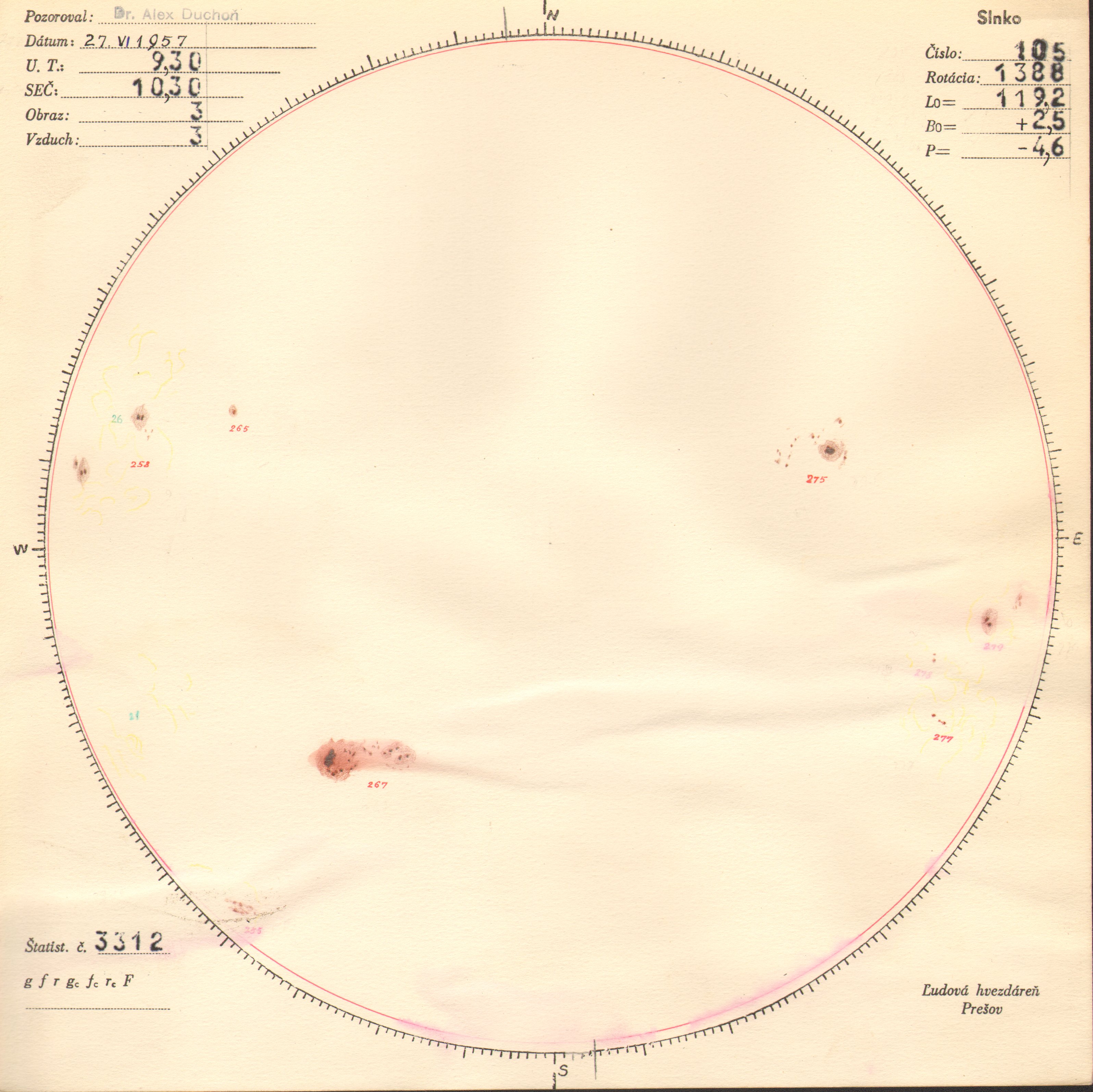 Obrázok zákresu Slnka na deň 27.06.1957