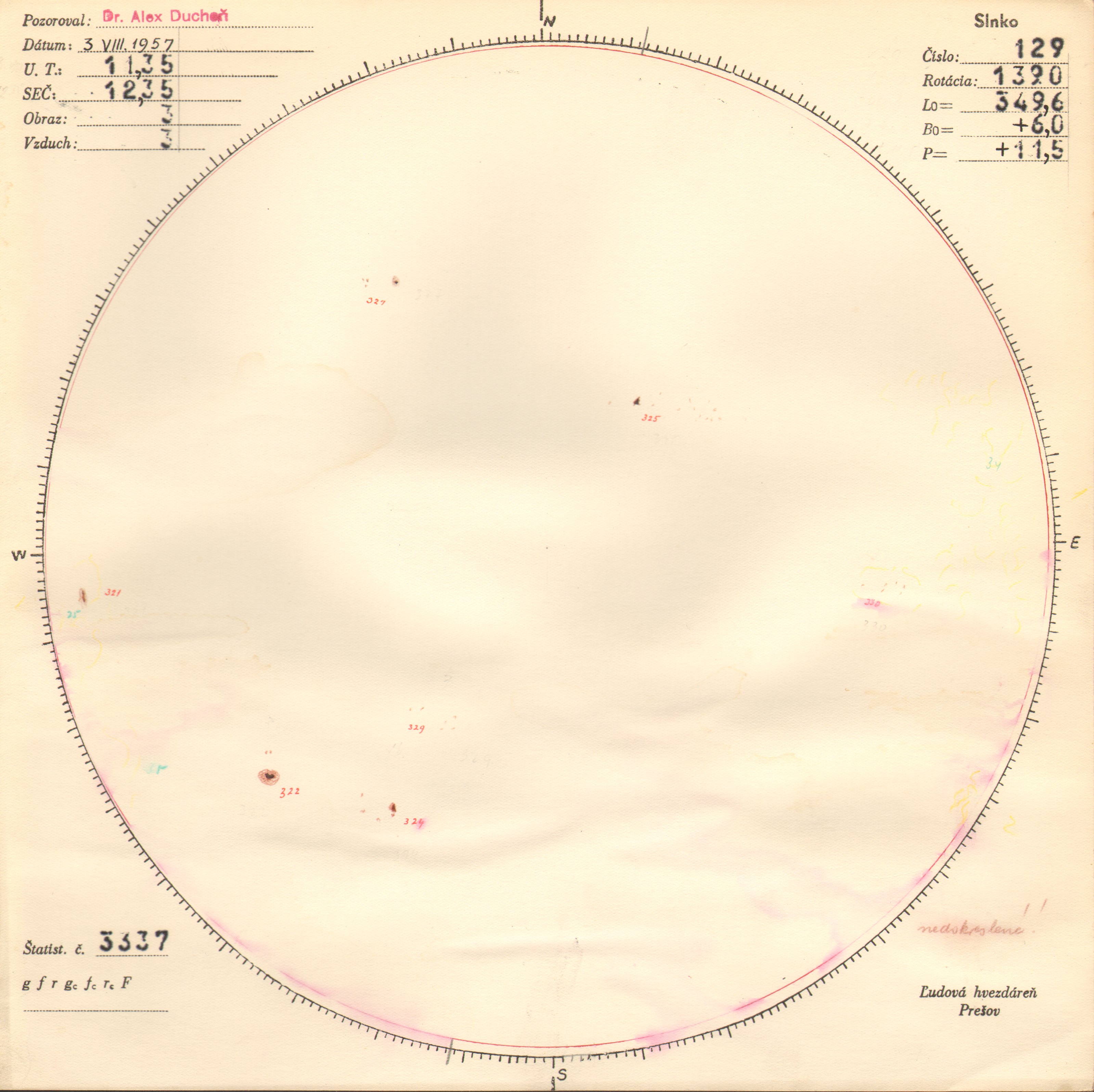 Obrázok zákresu Slnka na deň 03.08.1957