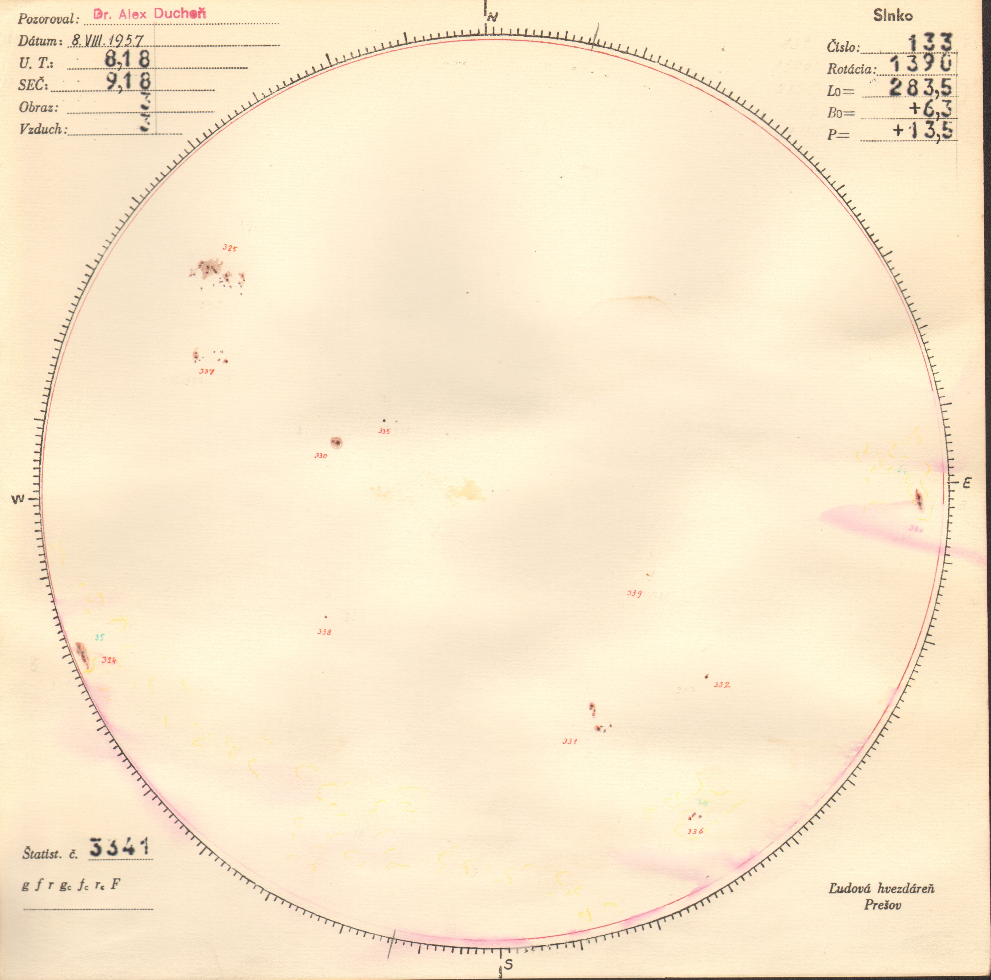Obrázok zákresu Slnka na deň 08.08.1957