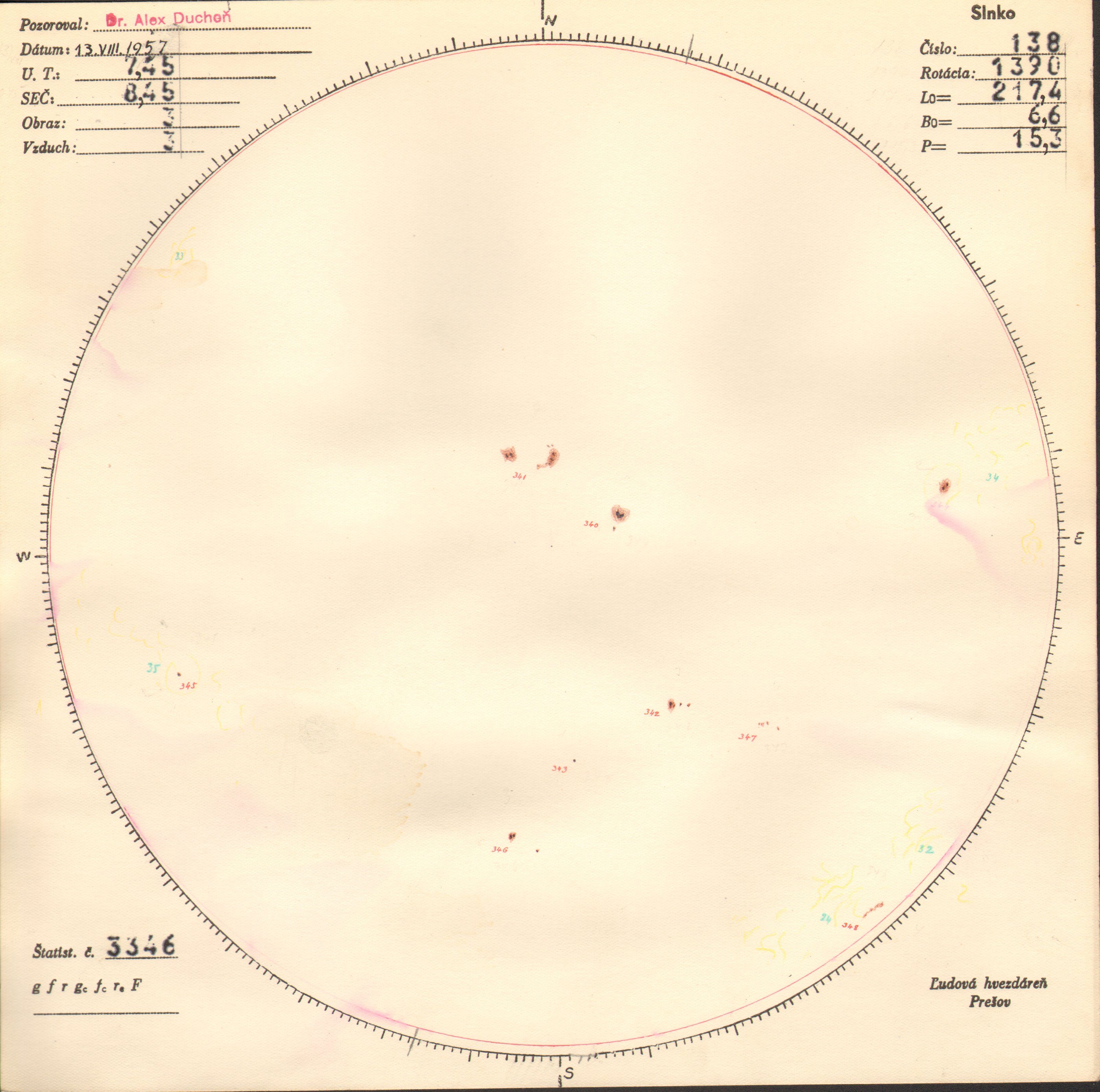 Obrázok zákresu Slnka na deň 13.08.1957
