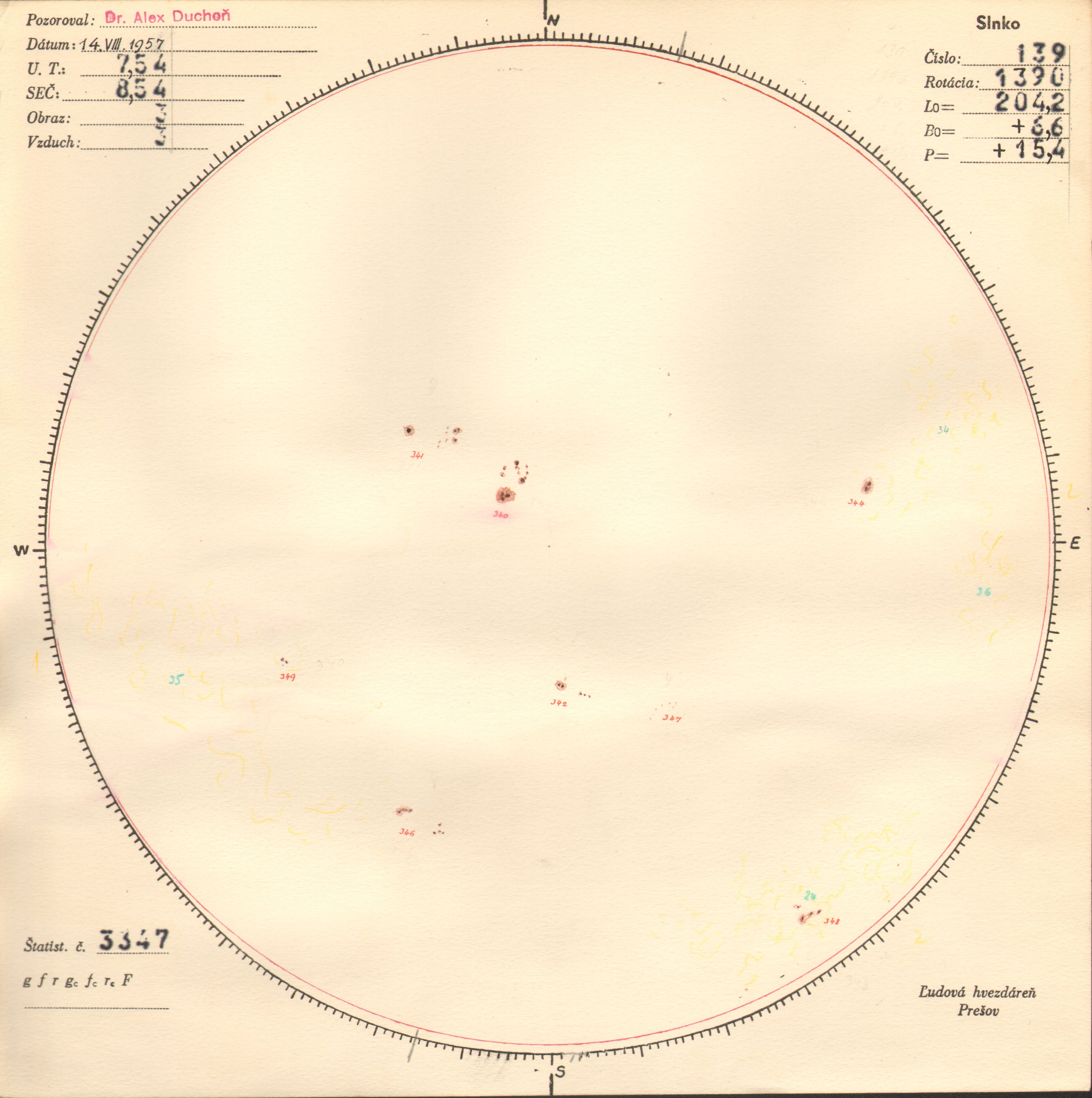 Obrázok zákresu Slnka na deň 14.08.1957