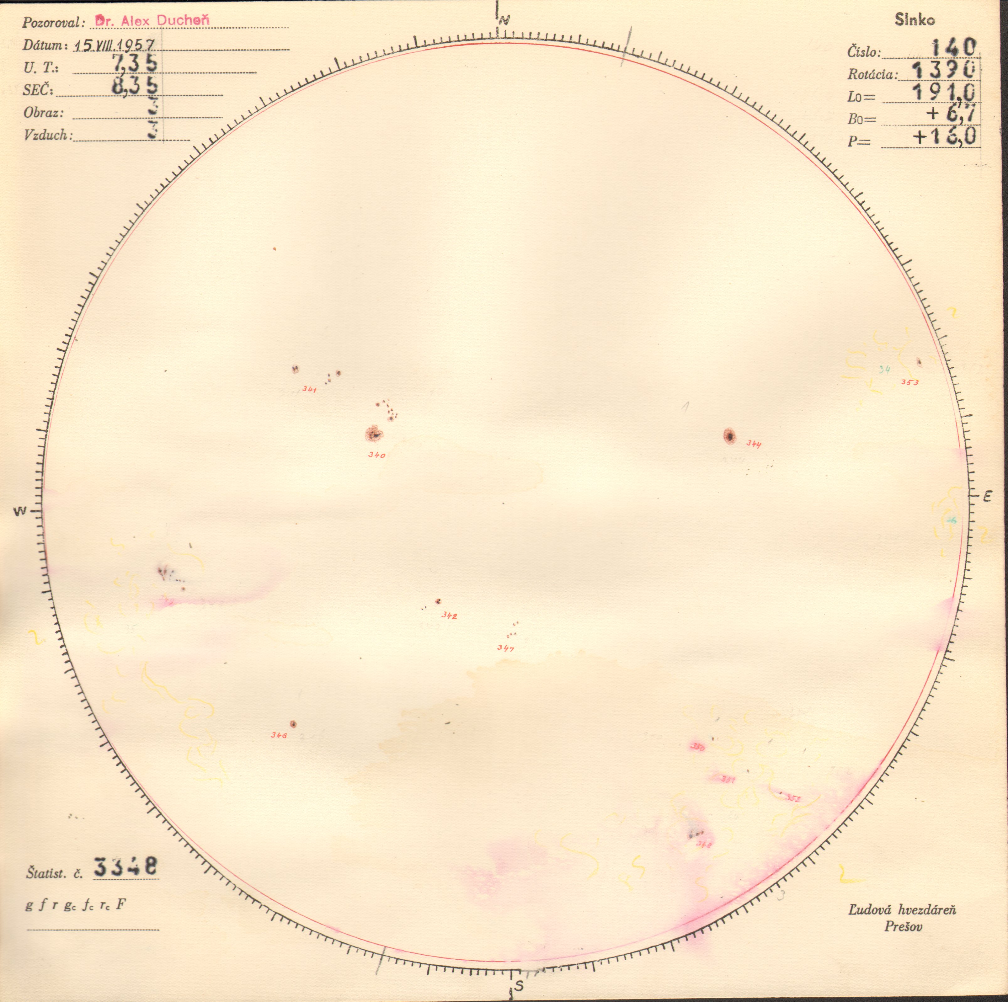 Obrázok zákresu Slnka na deň 15.08.1957