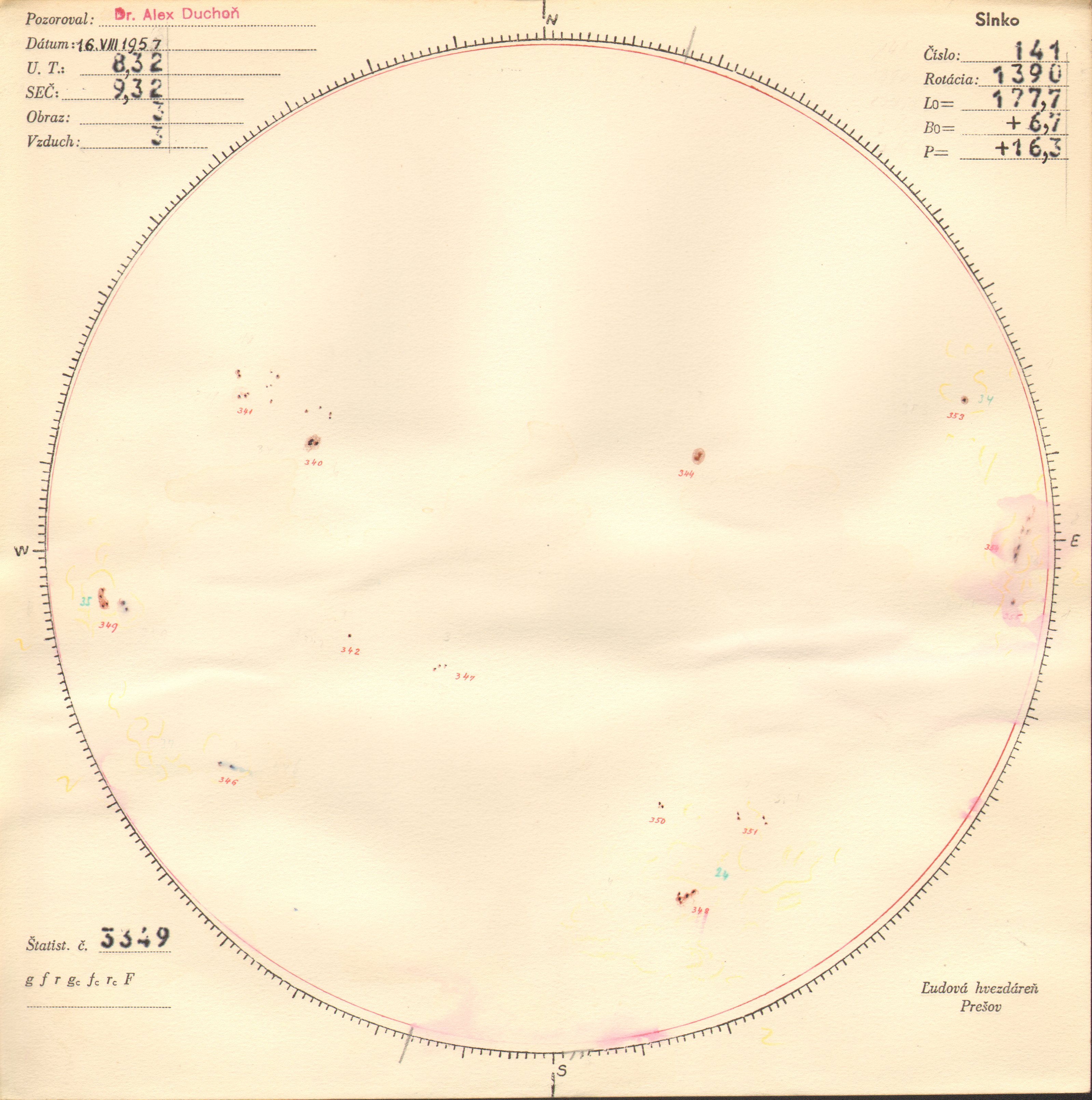 Obrázok zákresu Slnka na deň 16.08.1957