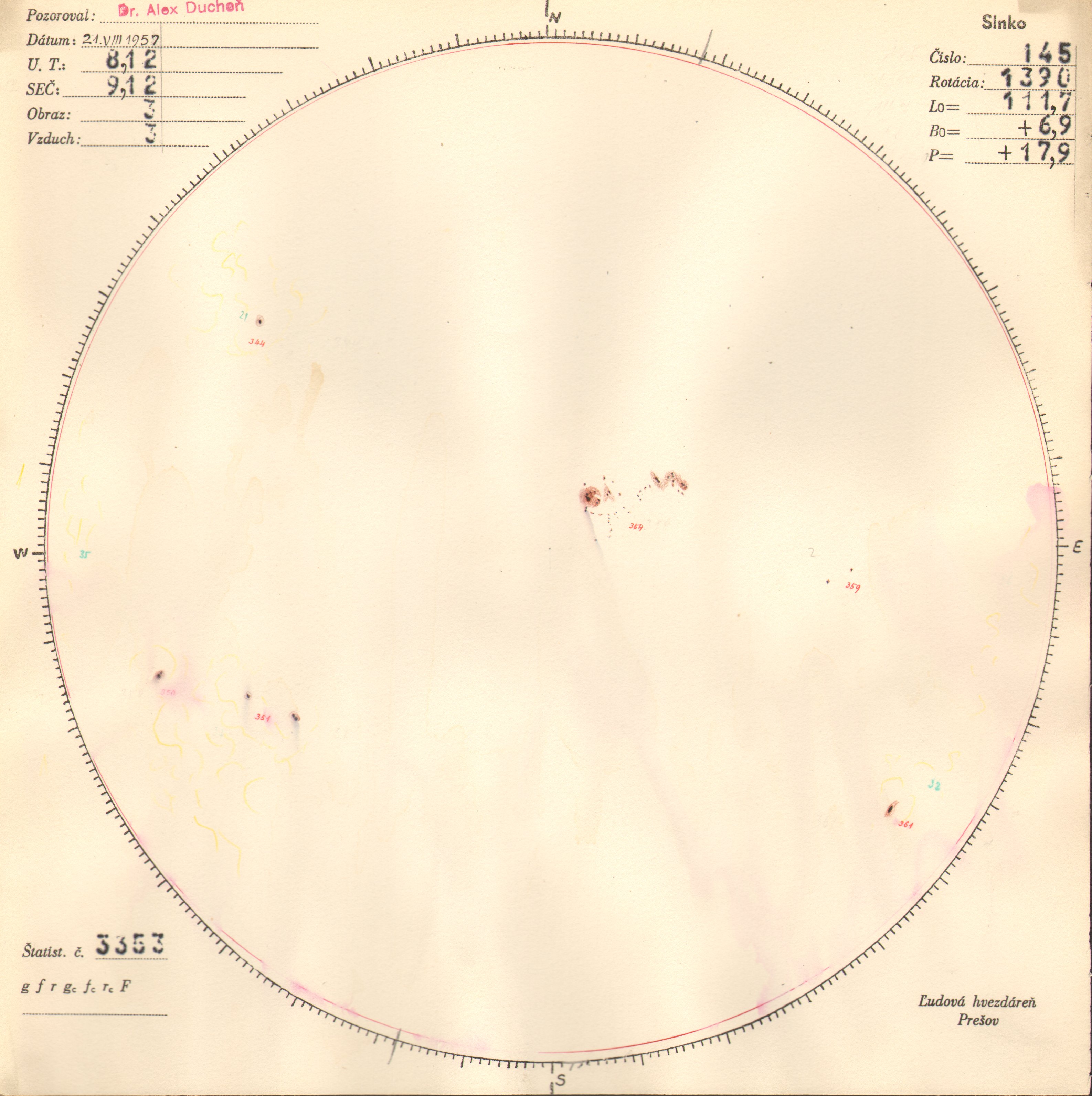 Obrázok zákresu Slnka na deň 21.08.1957