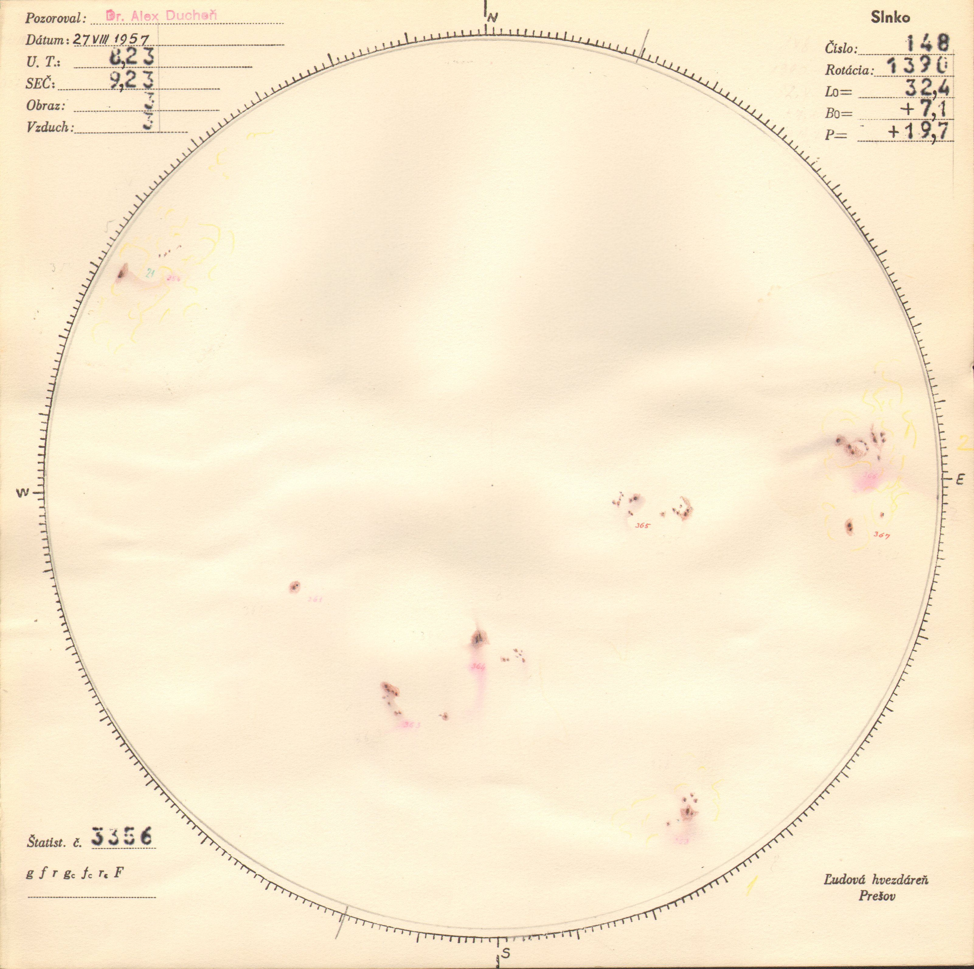 Obrázok zákresu Slnka na deň 27.08.1957