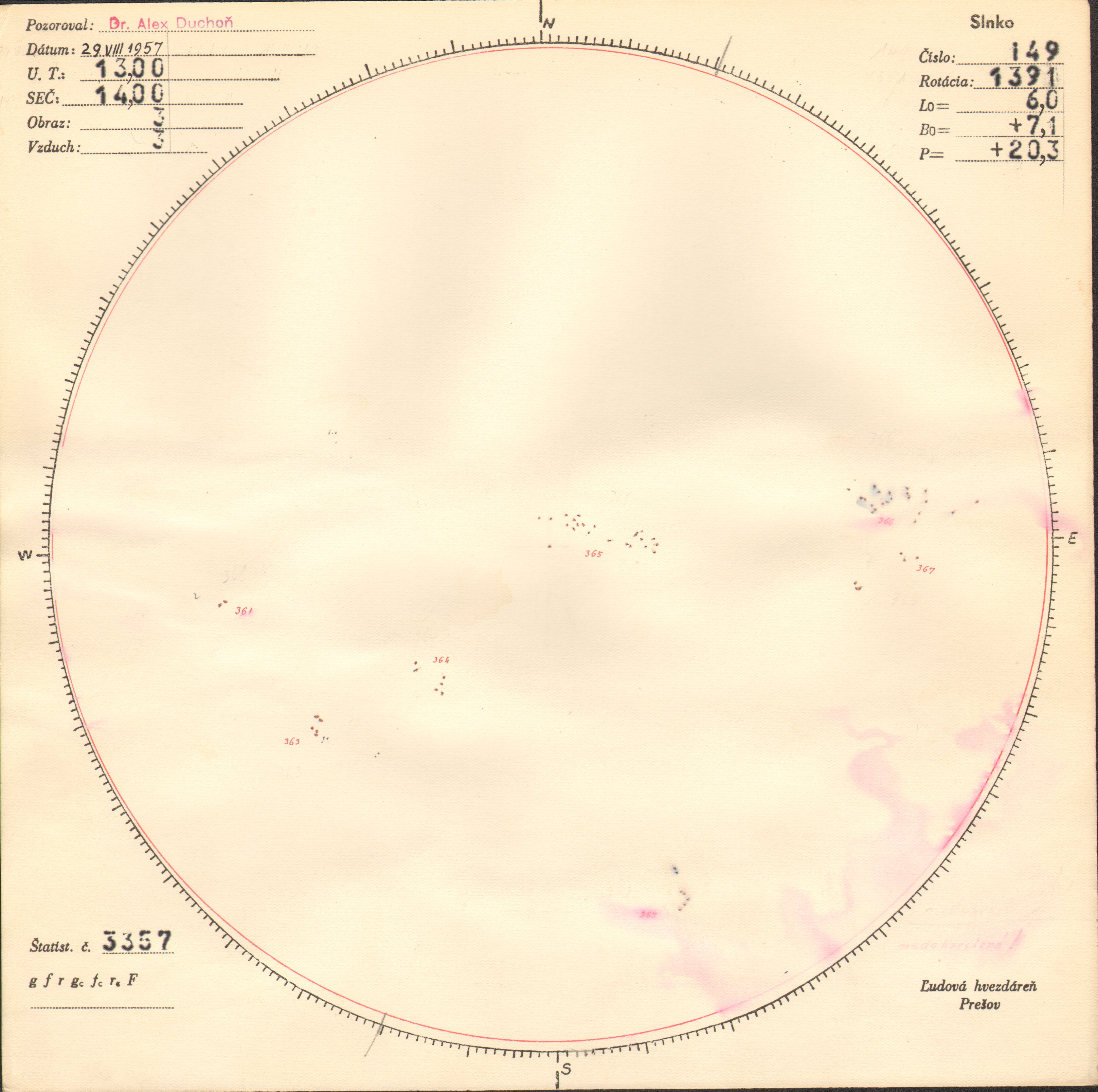 Obrázok zákresu Slnka na deň 29.08.1957