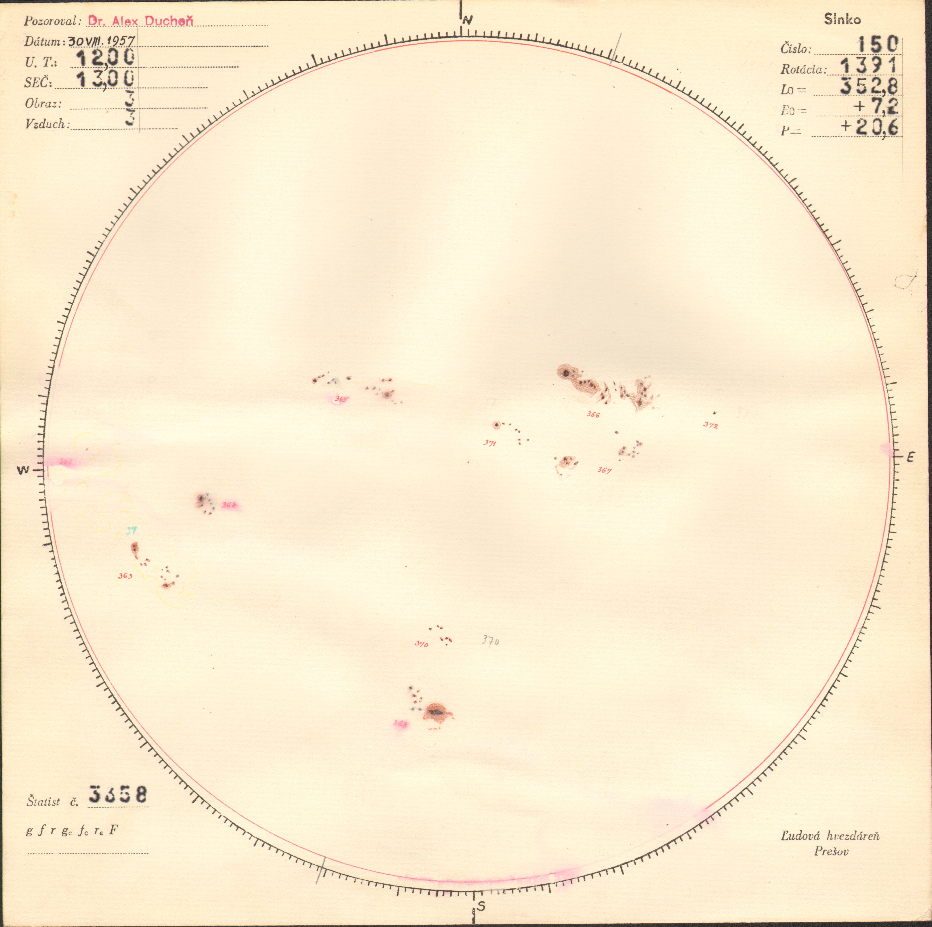 Obrázok zákresu Slnka na deň 30.08.1957