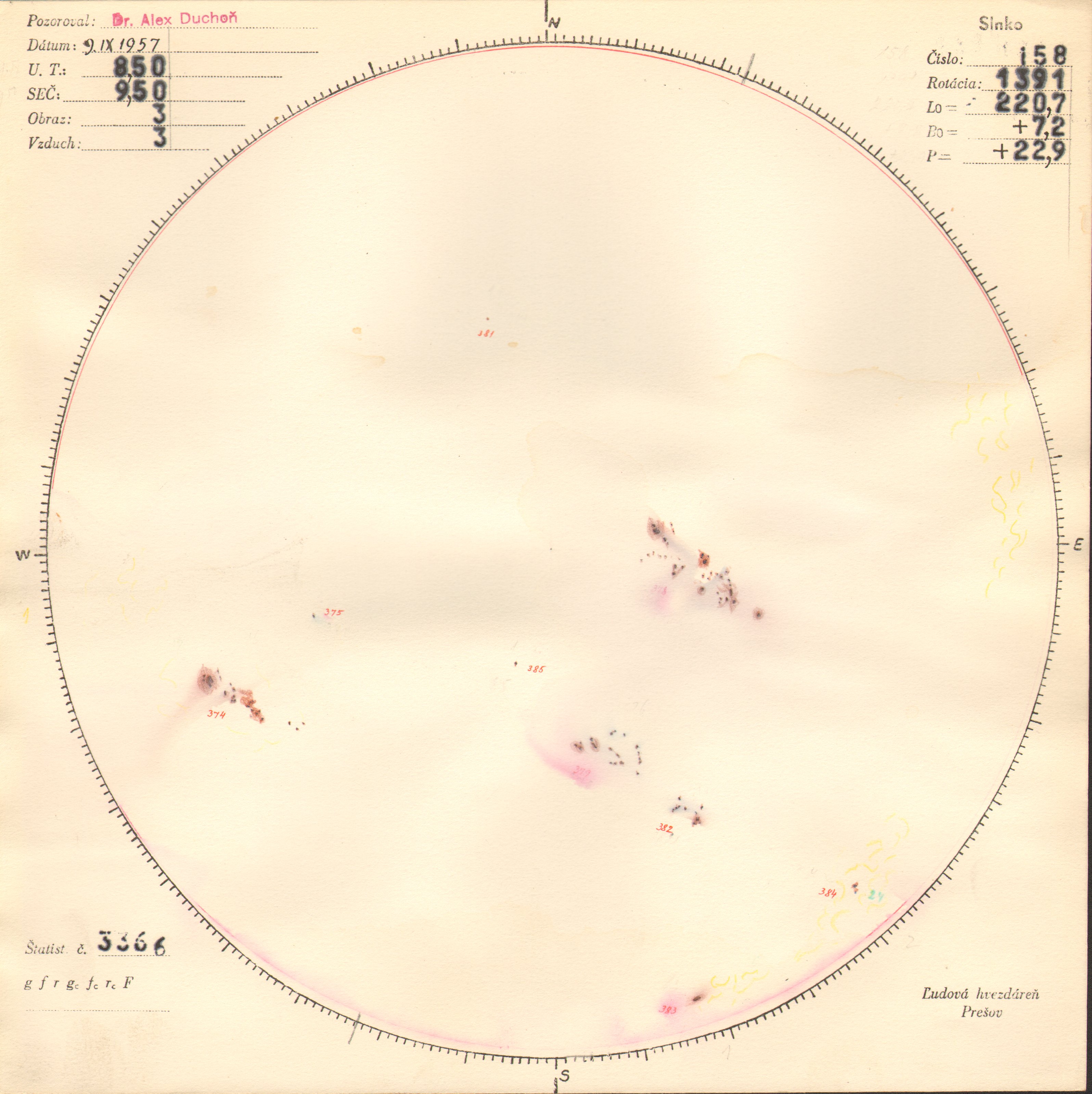 Obrázok zákresu Slnka na deň 09.09.1957