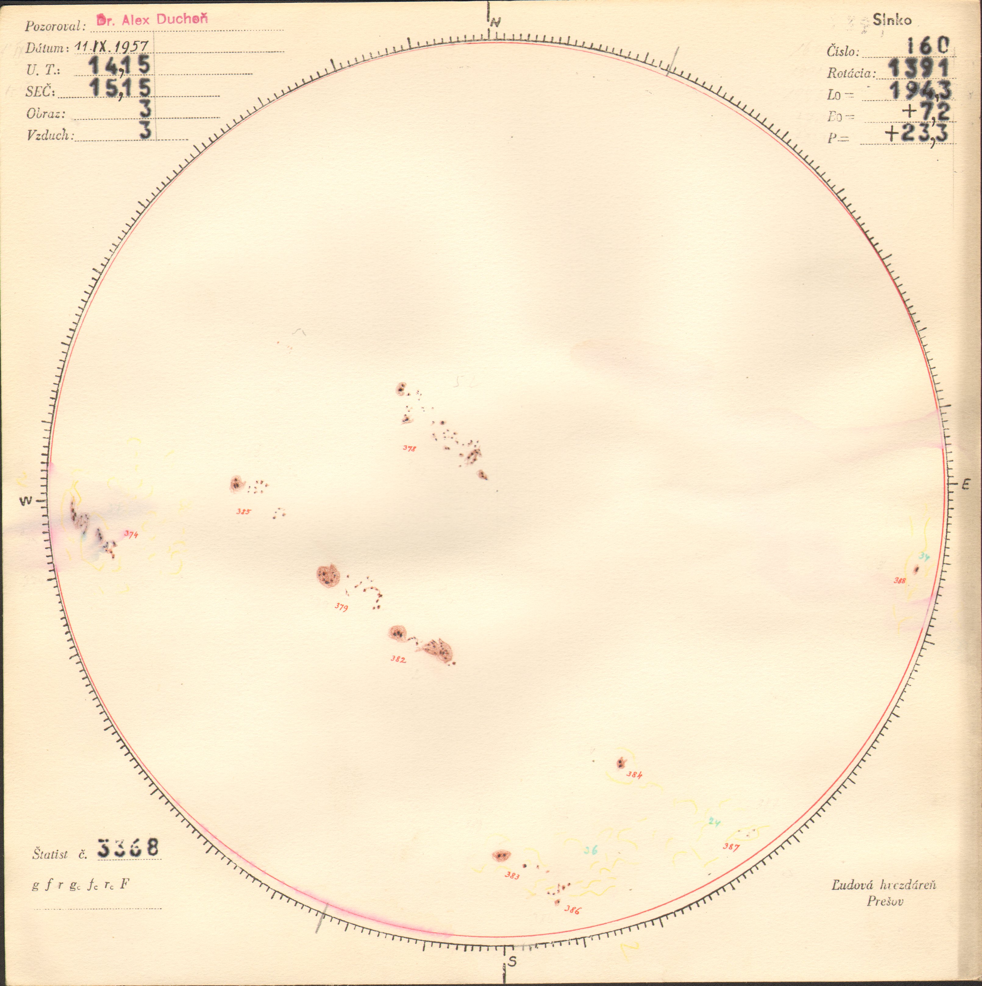 Obrázok zákresu Slnka na deň 11.09.1957