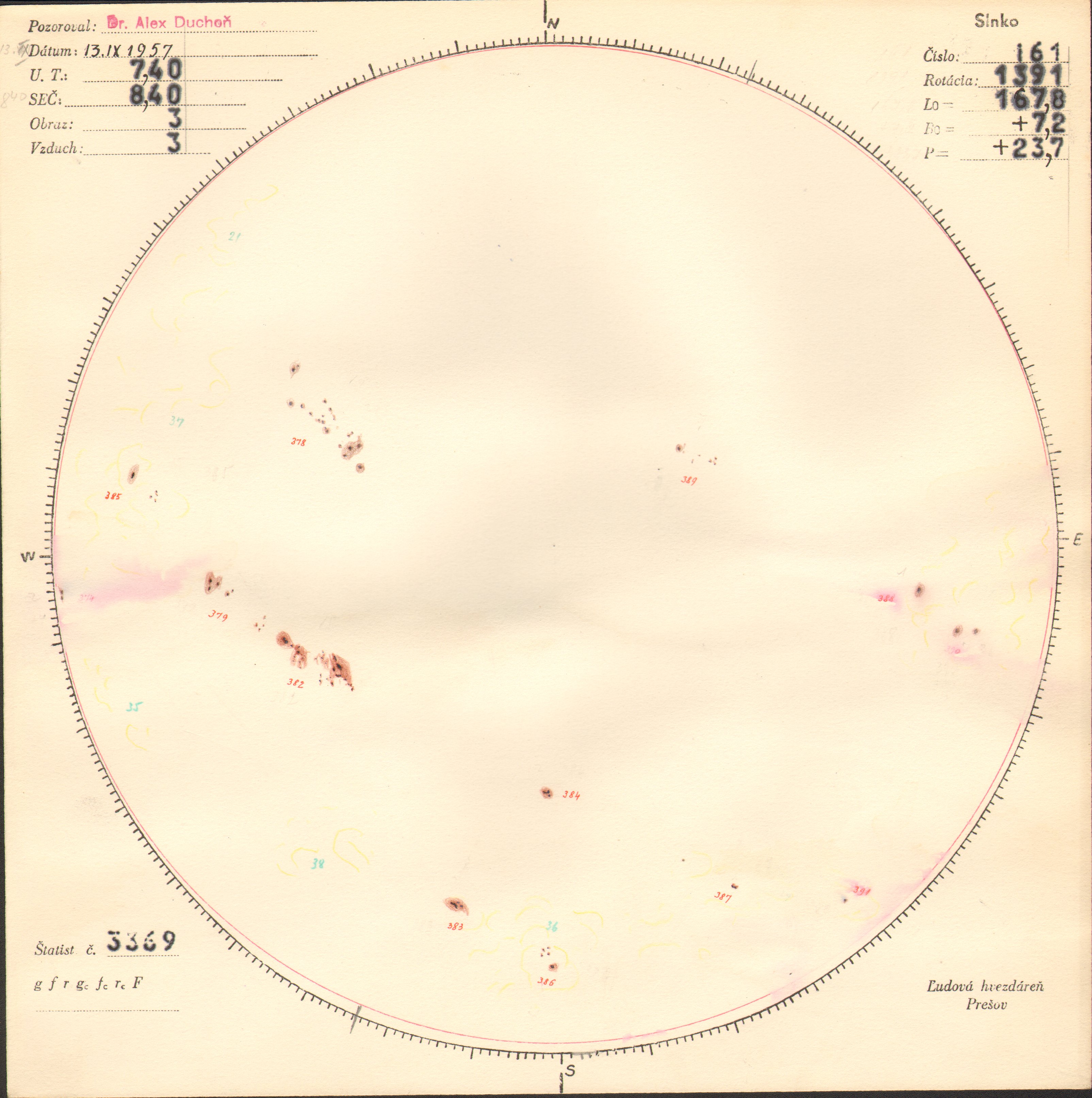 Obrázok zákresu Slnka na deň 13.09.1957