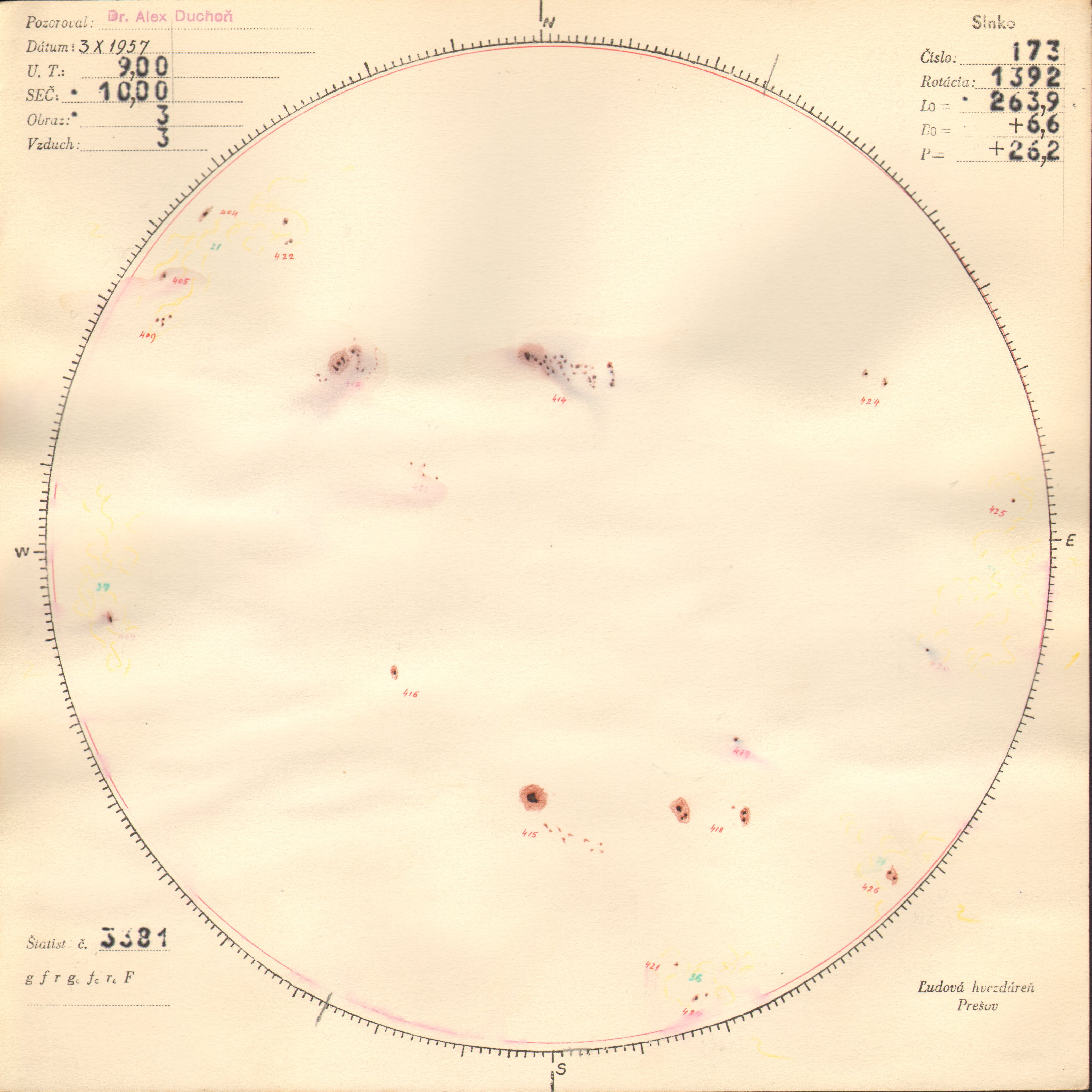 Obrázok zákresu Slnka na deň 03.10.1957