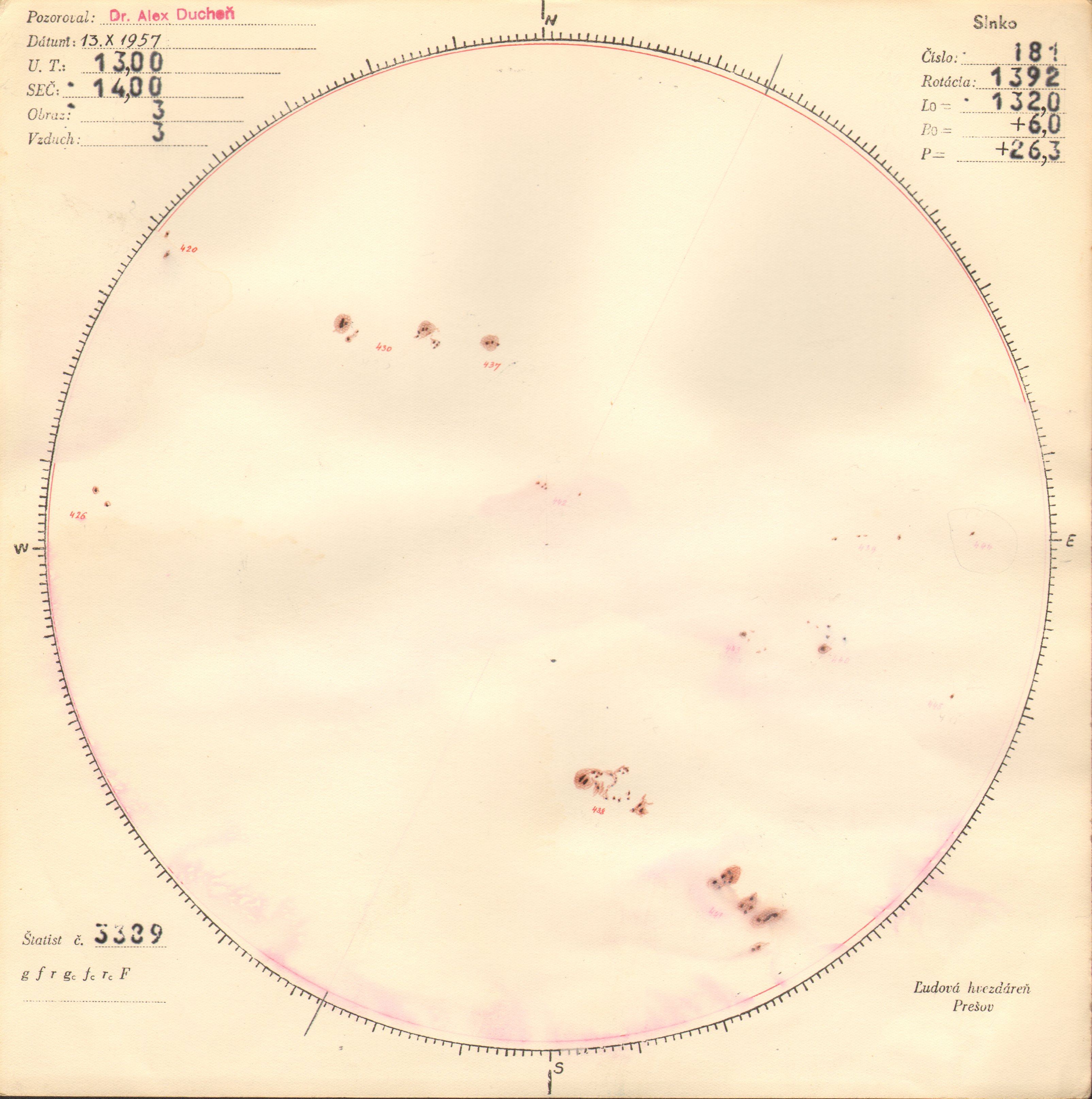 Obrázok zákresu Slnka na deň 13.10.1957