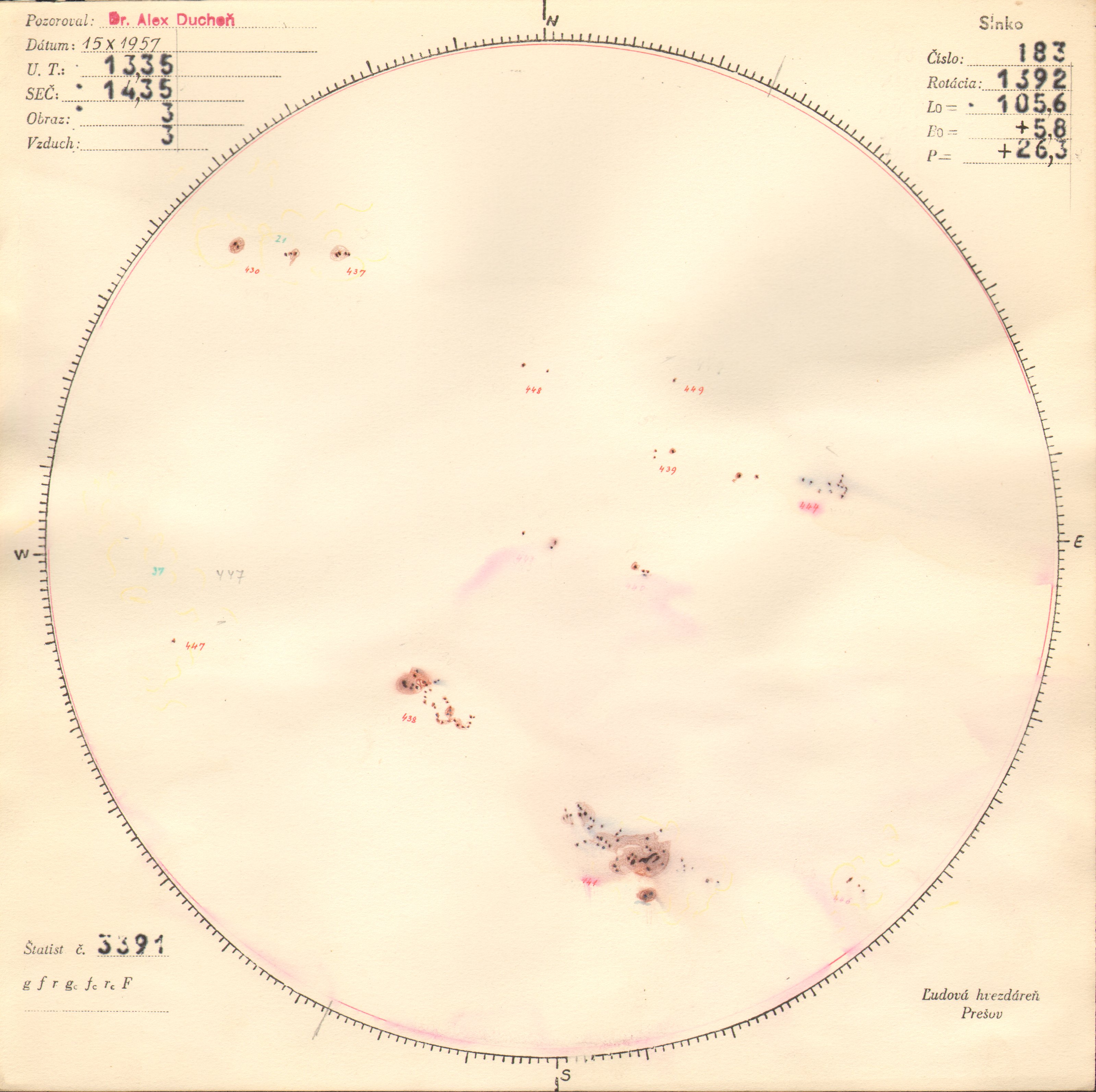 Obrázok zákresu Slnka na deň 15.10.1957