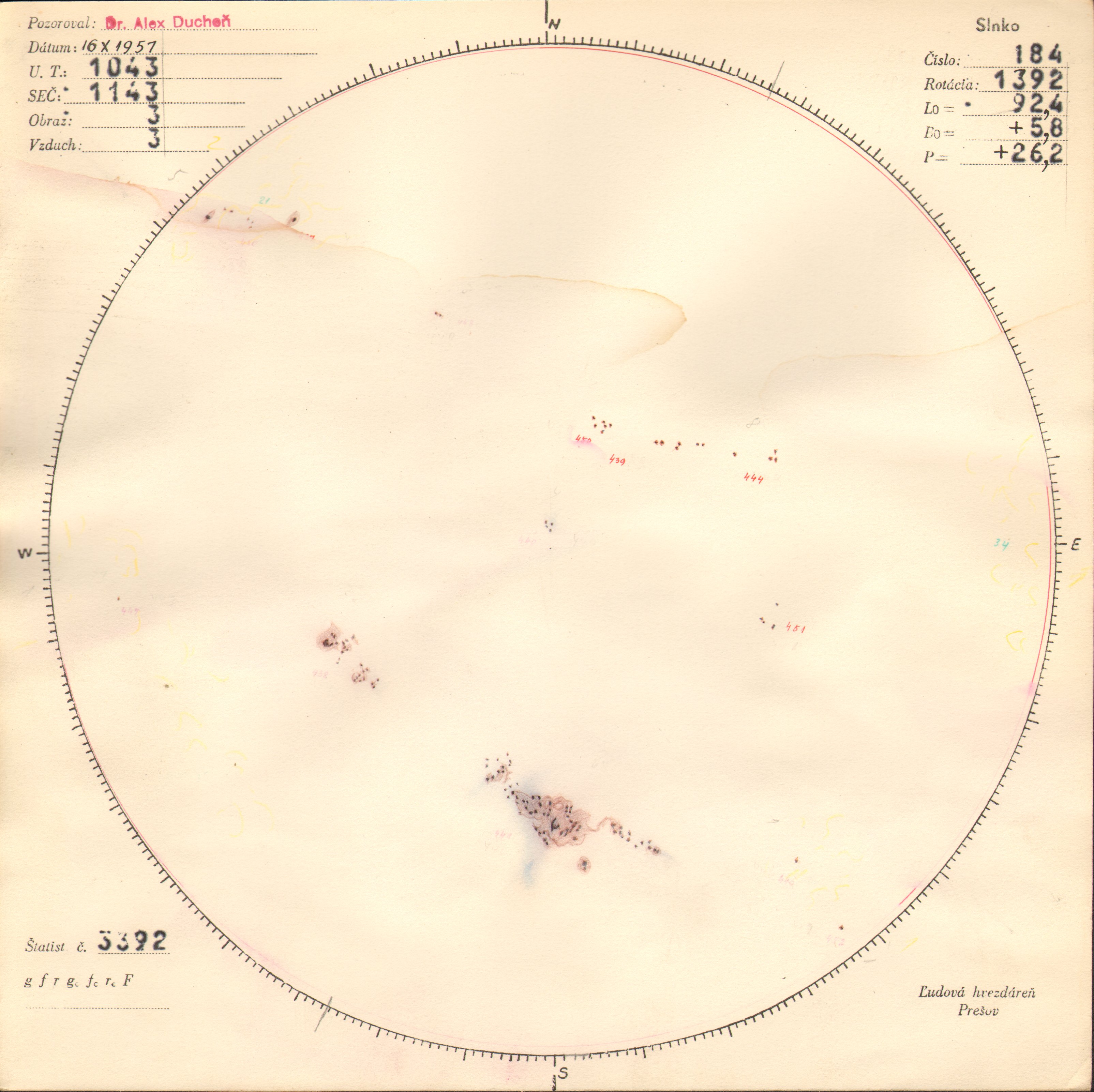 Obrázok zákresu Slnka na deň 16.10.1957