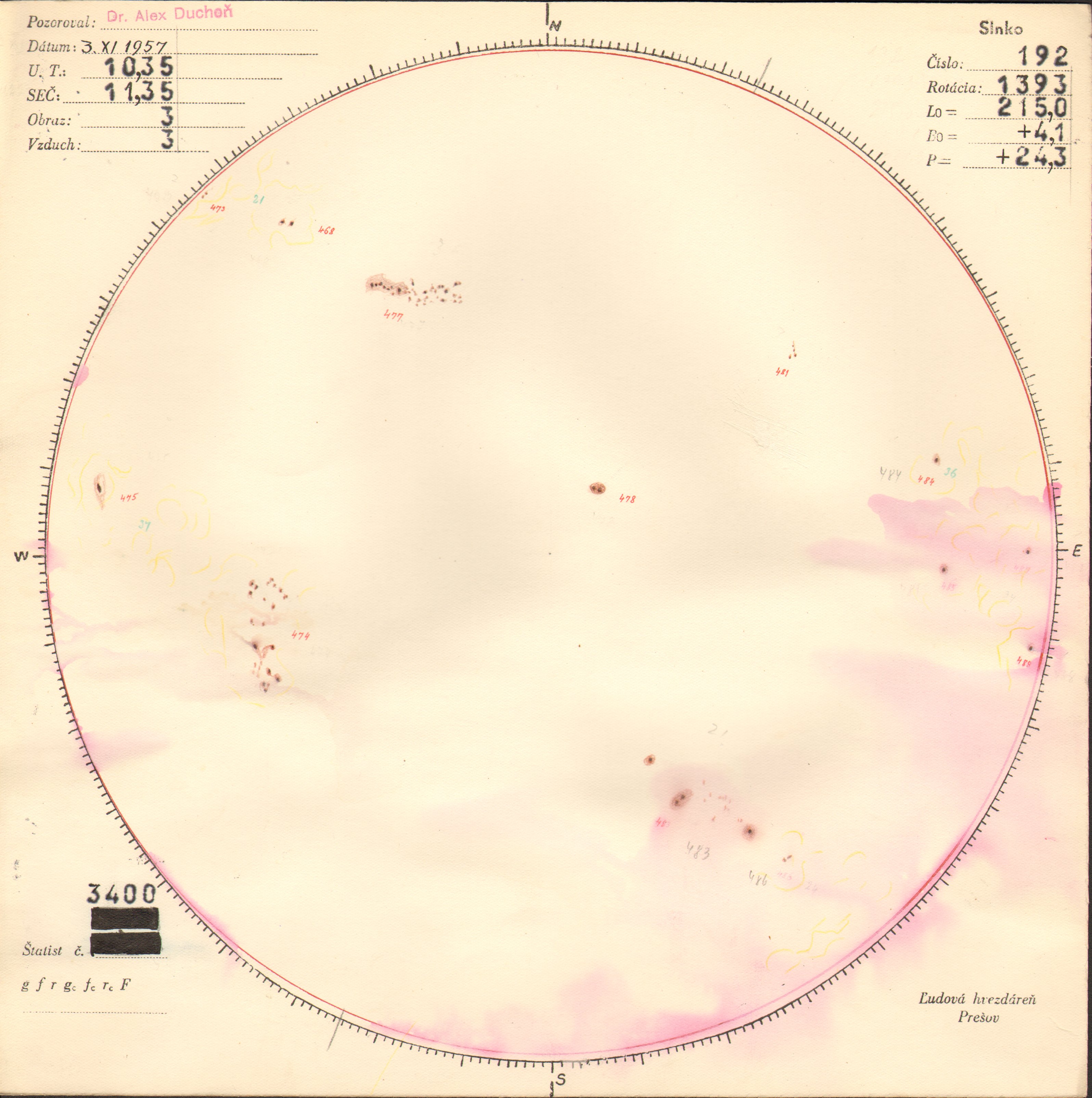 Obrázok zákresu Slnka na deň 03.11.1957