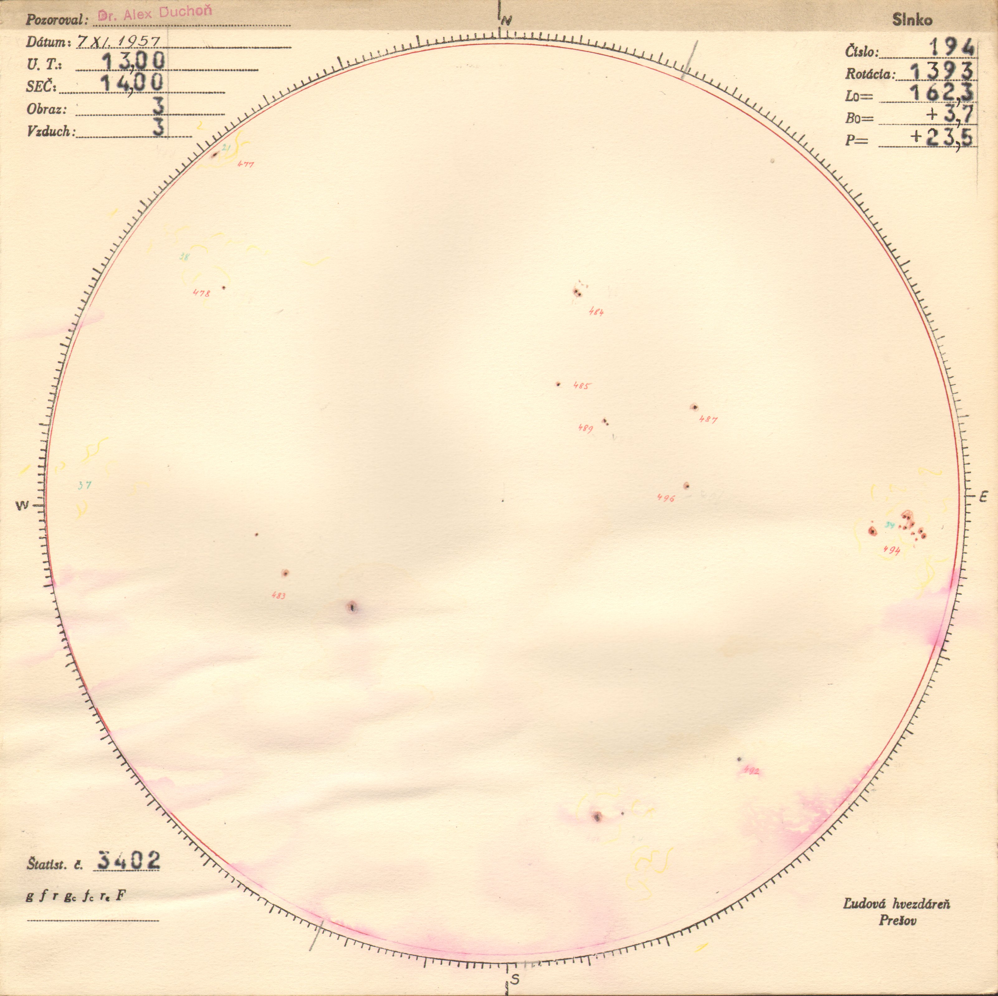 Obrázok zákresu Slnka na deň 07.11.1957