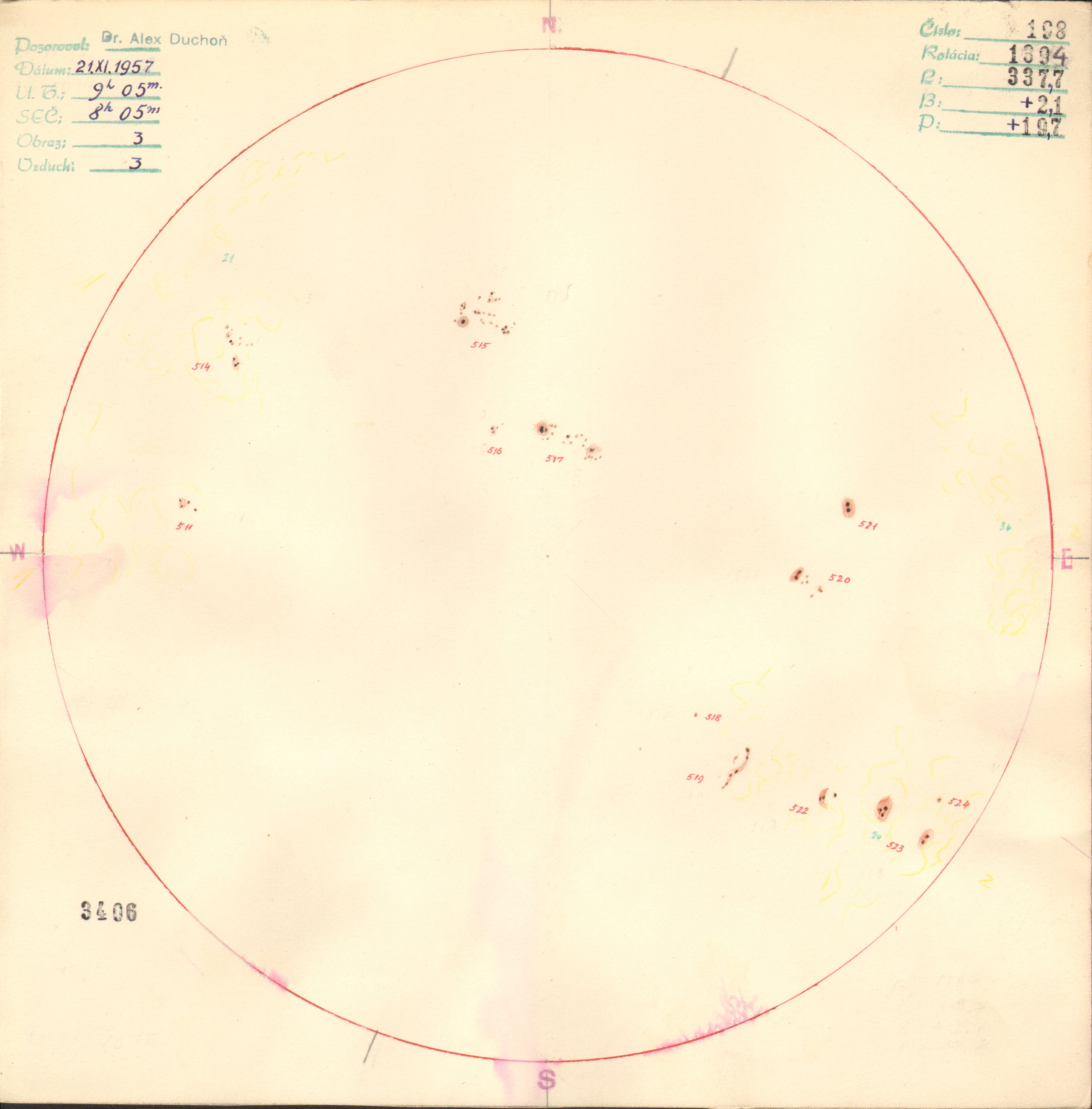 Obrázok zákresu Slnka na deň 21.11.1957
