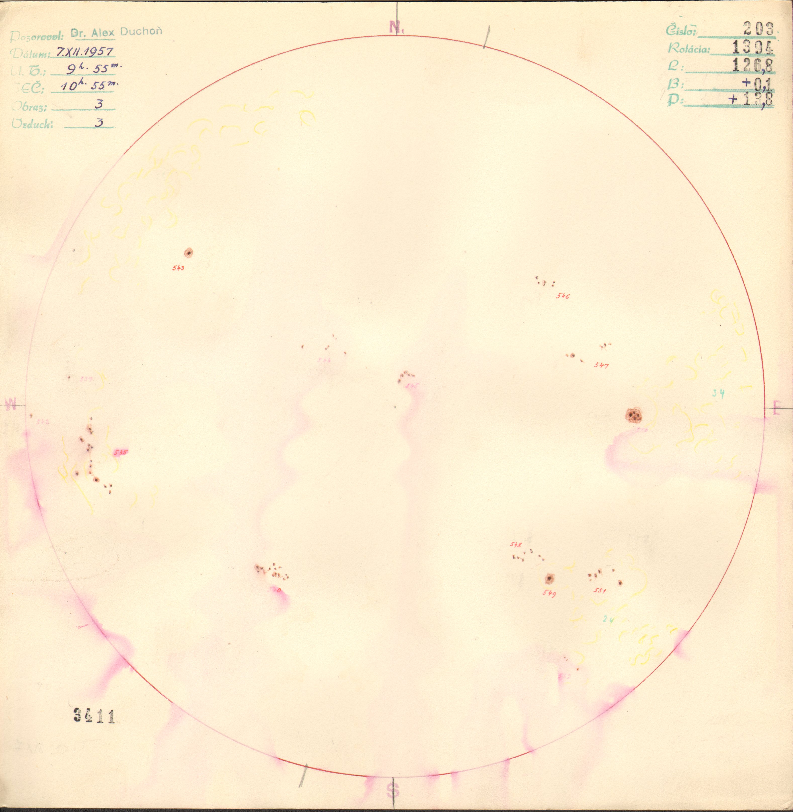 Obrázok zákresu Slnka na deň 07.12.1957