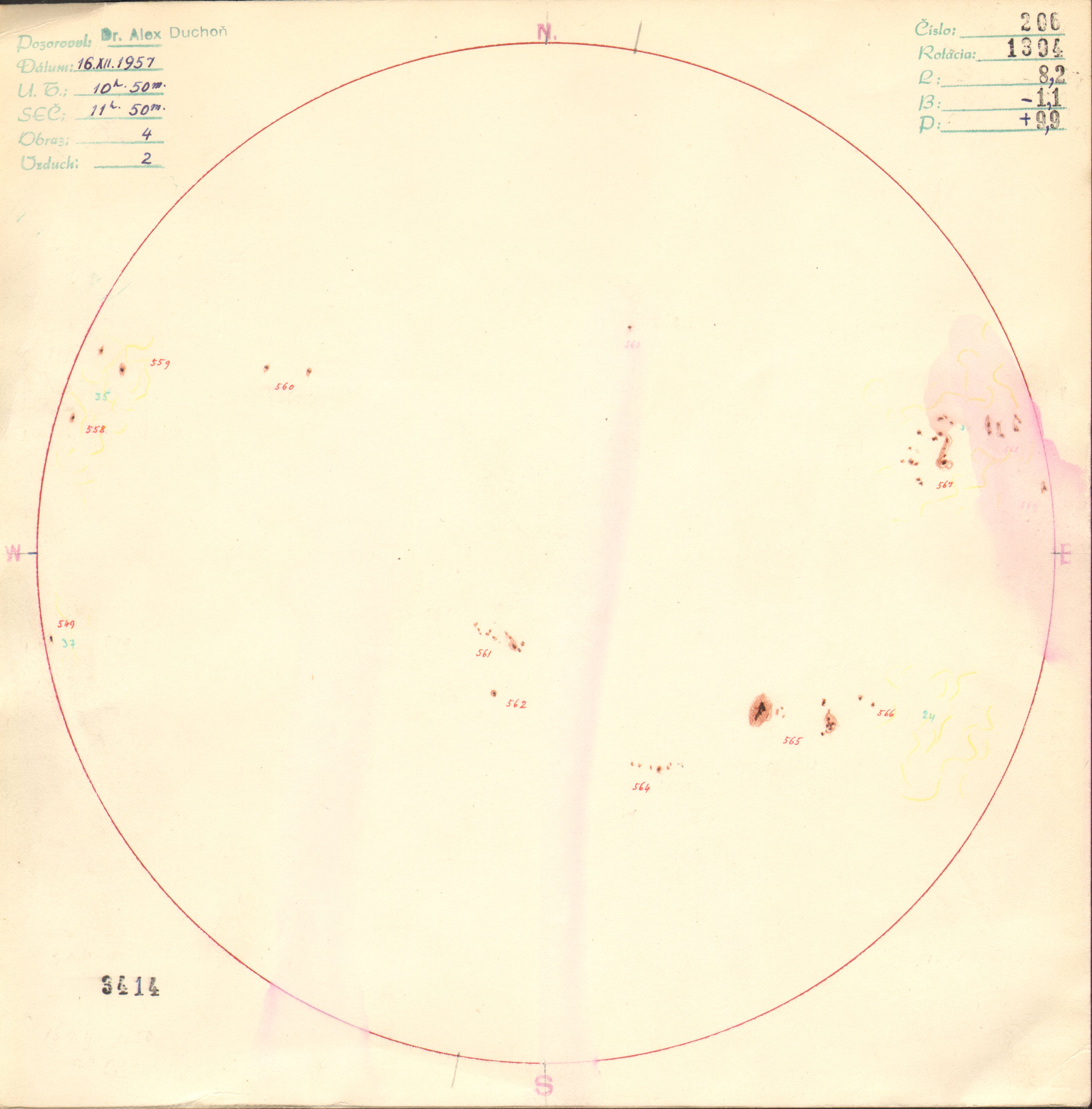 Obrázok zákresu Slnka na deň 16.12.1957