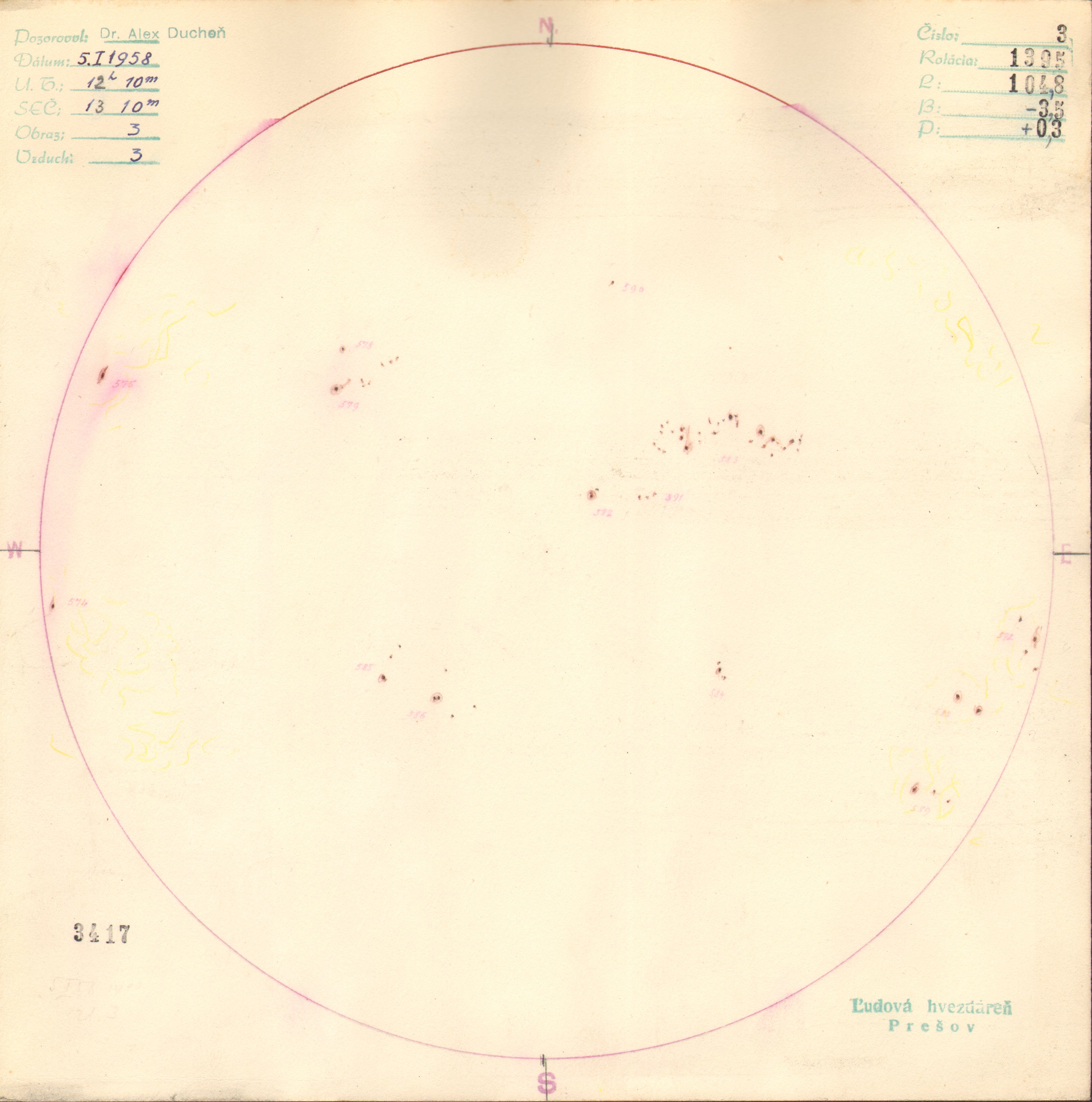 Obrázok zákresu Slnka na deň 05.01.1958