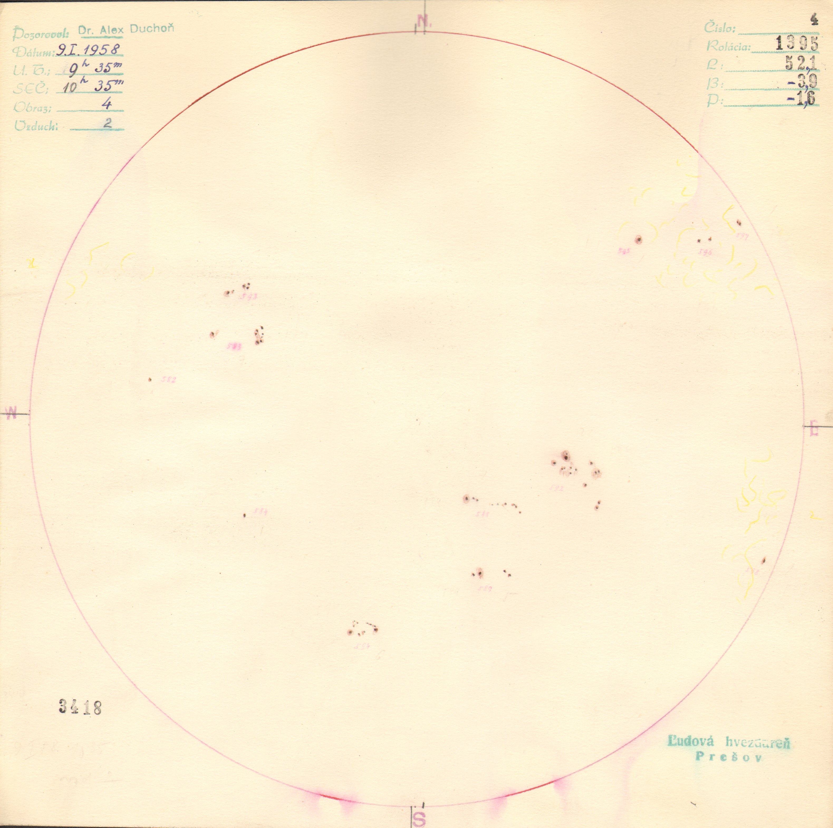 Obrázok zákresu Slnka na deň 09.01.1958