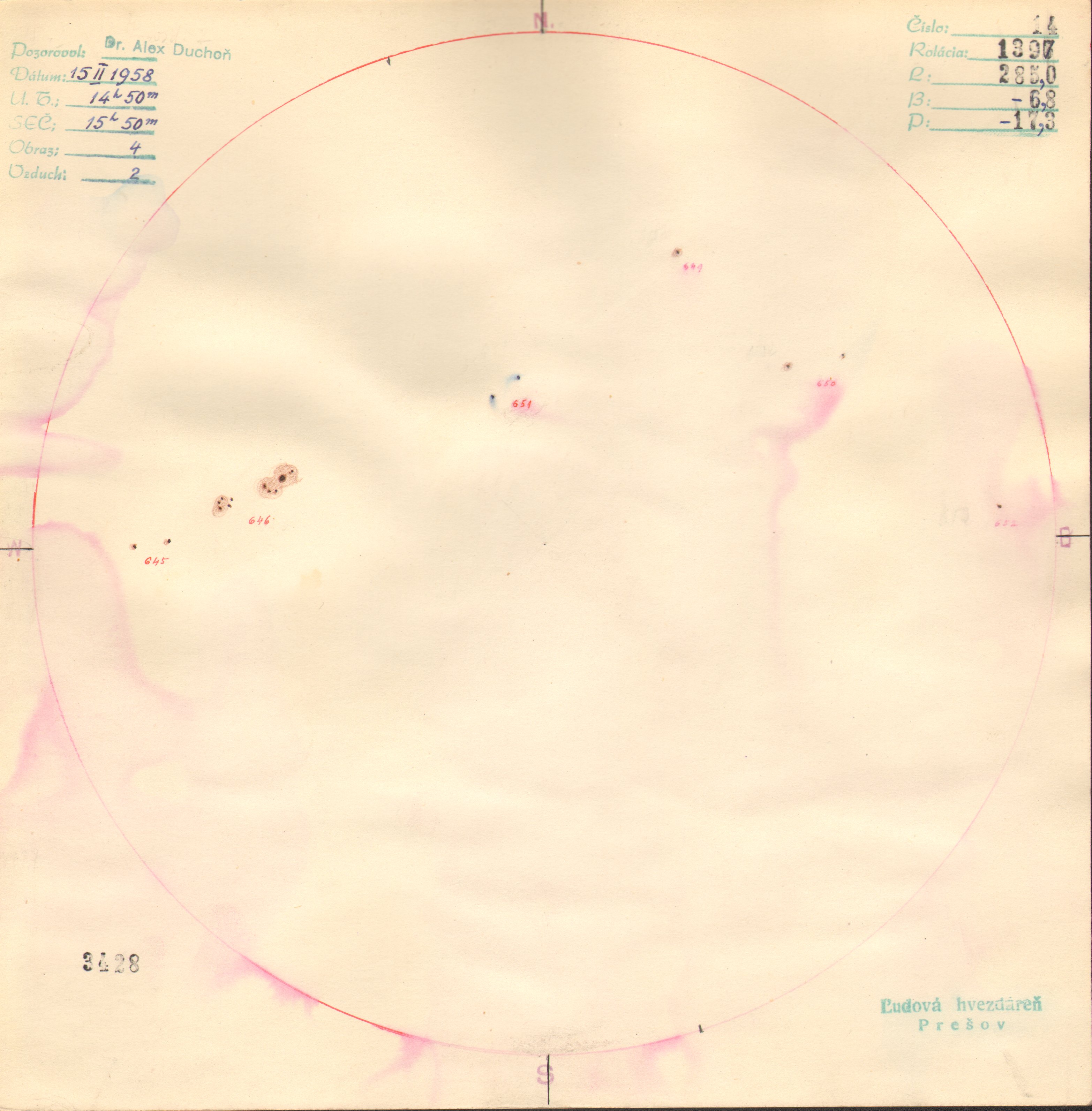 Obrázok zákresu Slnka na deň 15.02.1958