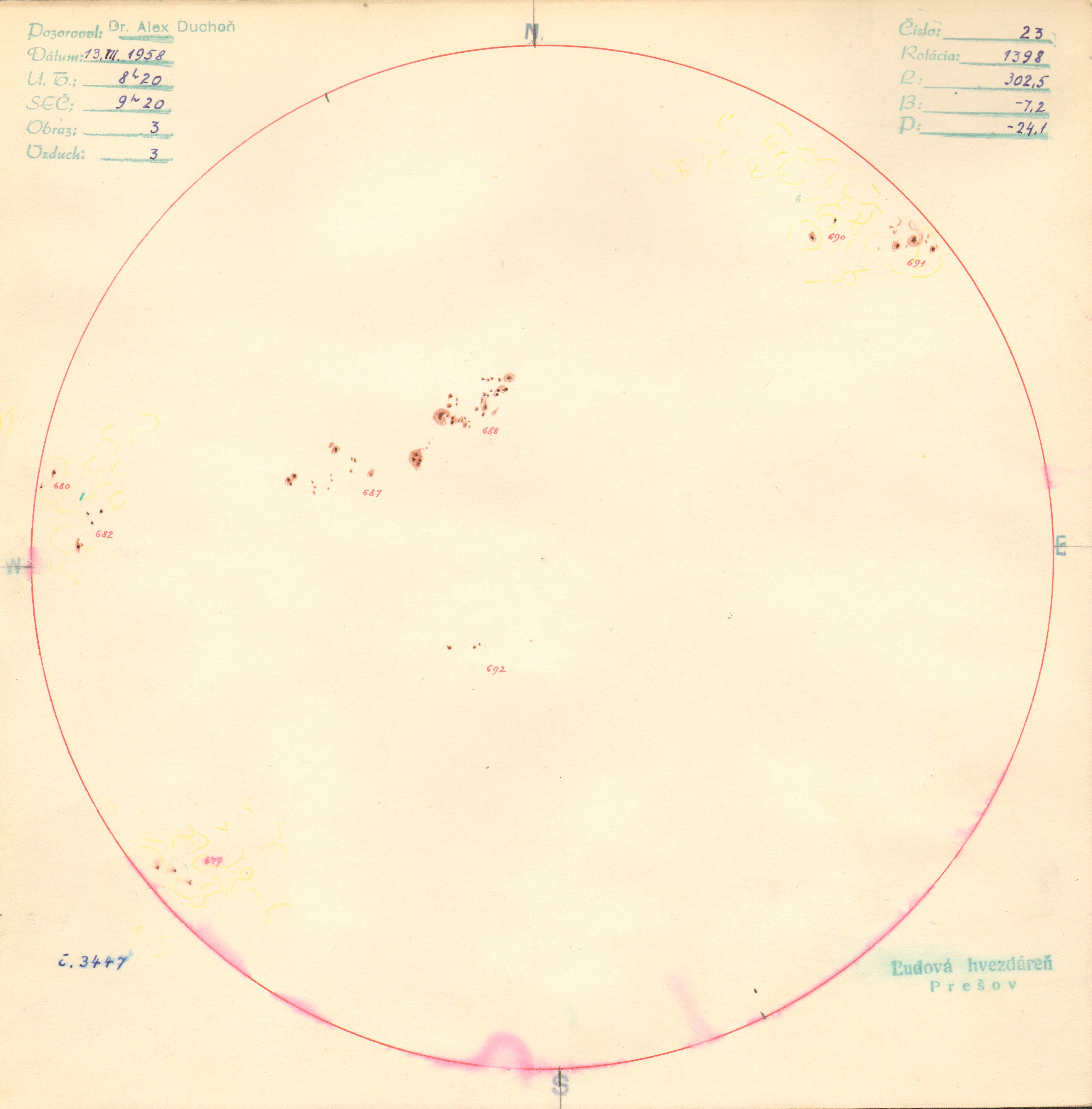 Obrázok zákresu Slnka na deň 13.03.1958