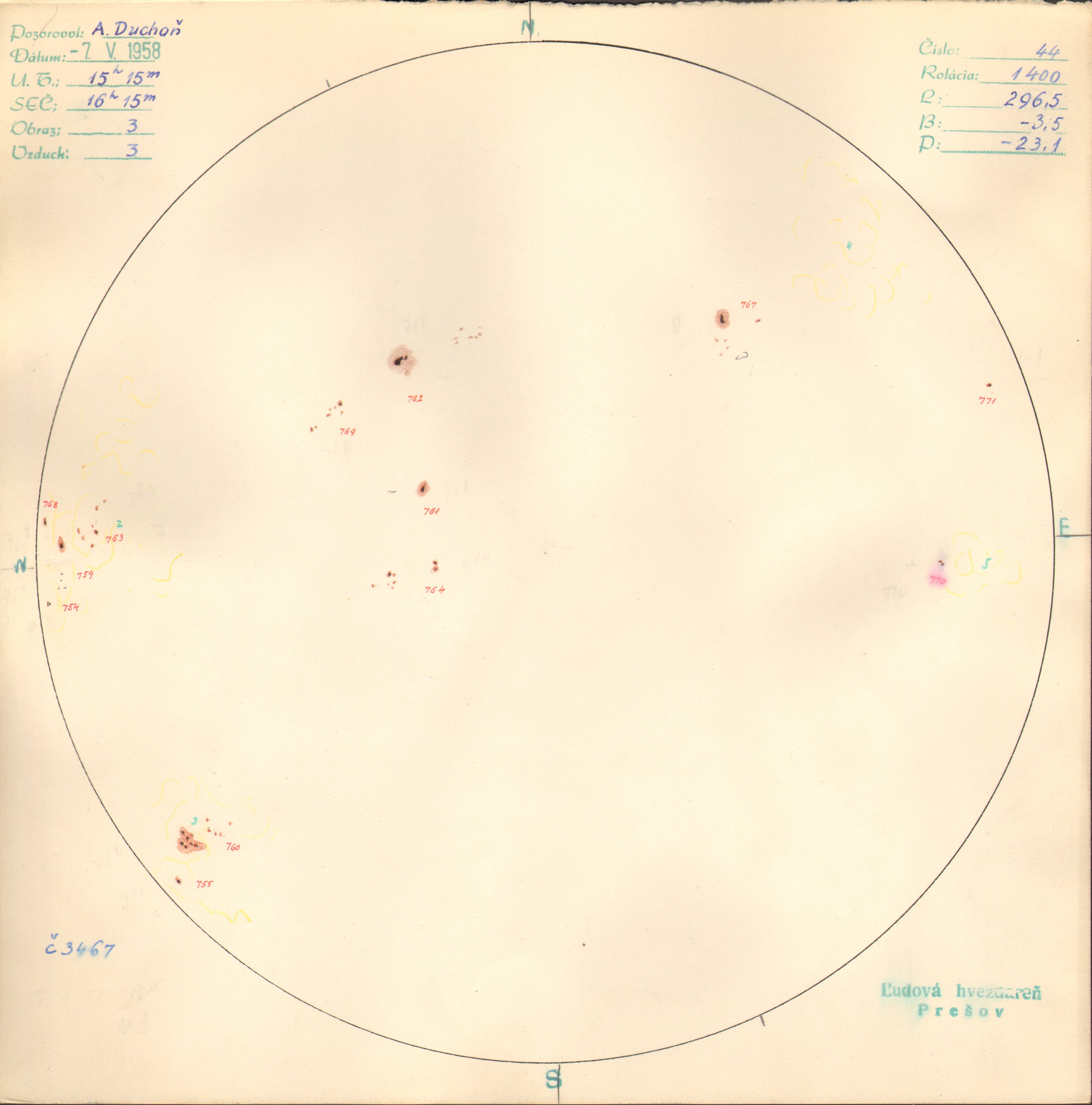 Obrázok zákresu Slnka na deň 07.05.1958
