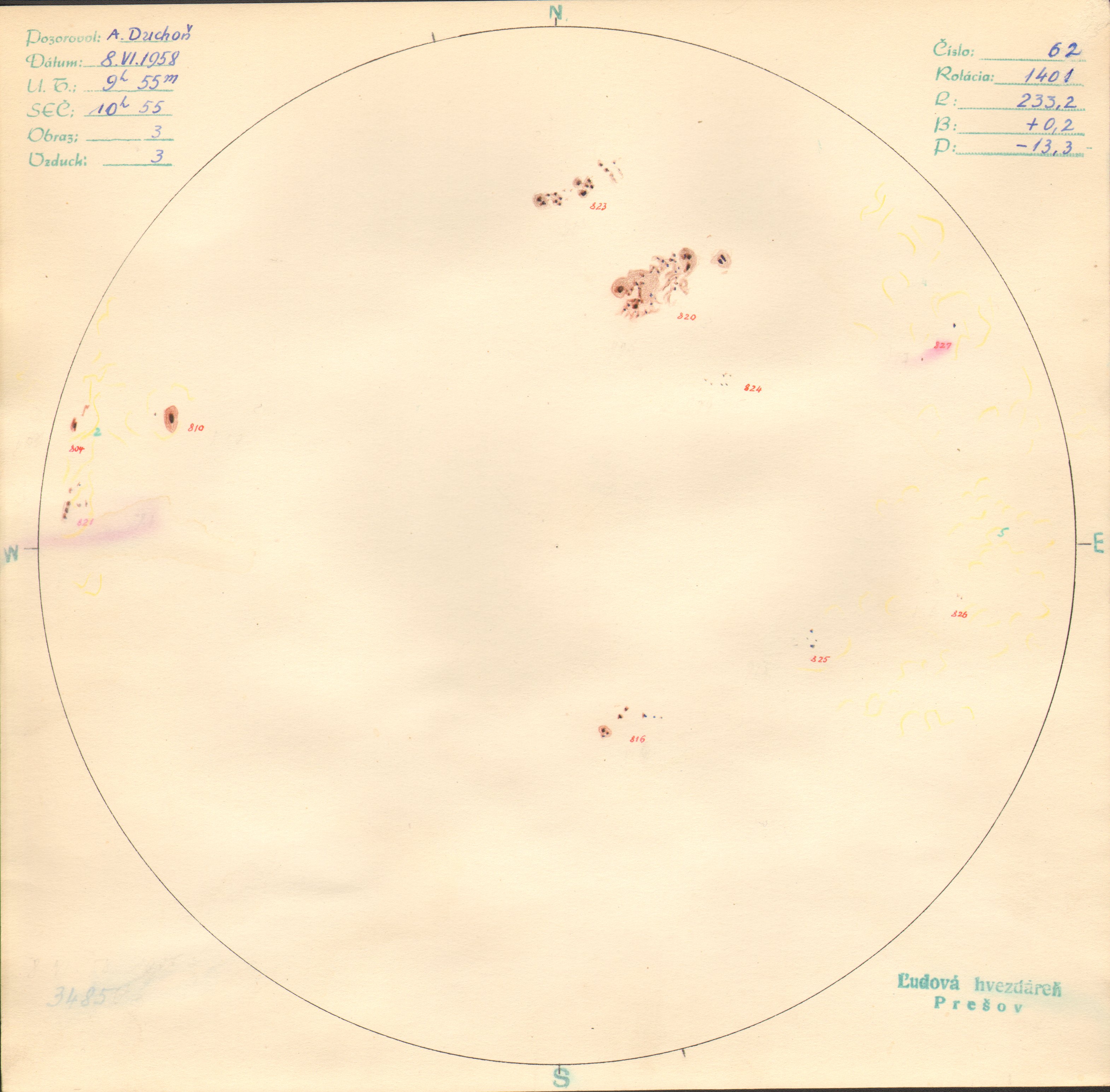 Obrázok zákresu Slnka na deň 08.06.1958