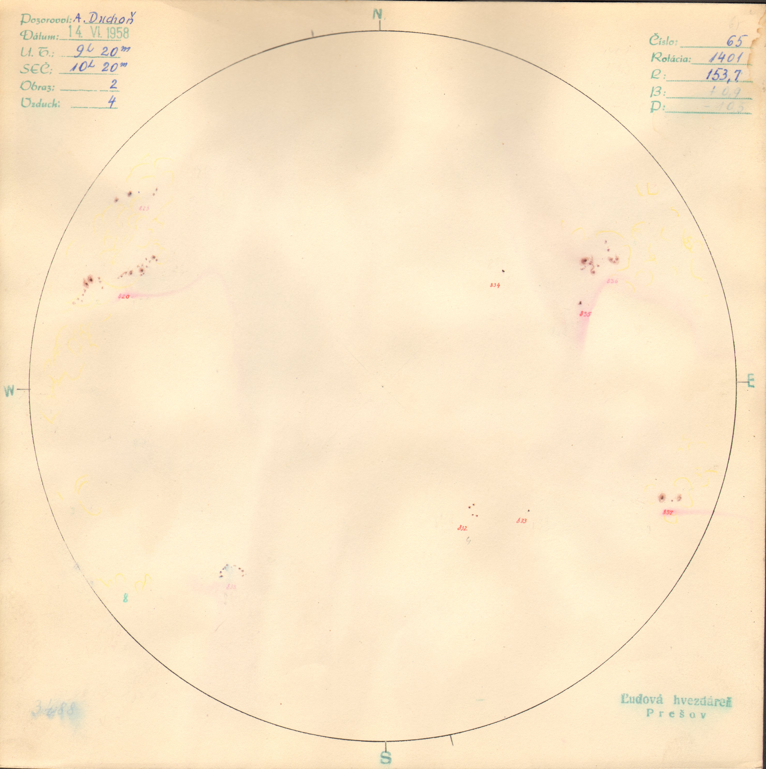 Obrázok zákresu Slnka na deň 14.06.1958