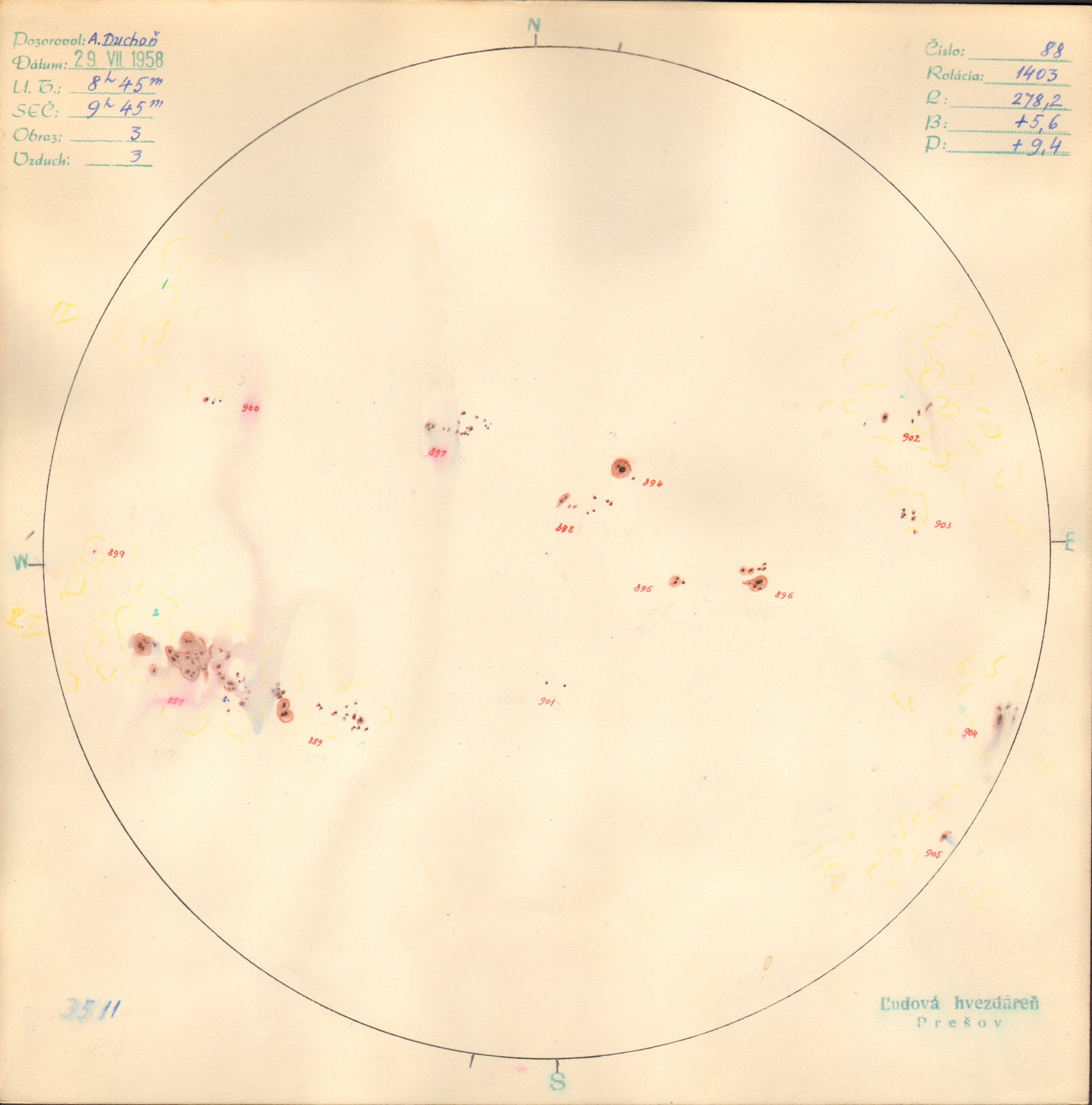 Obrázok zákresu Slnka na deň 29.07.1958