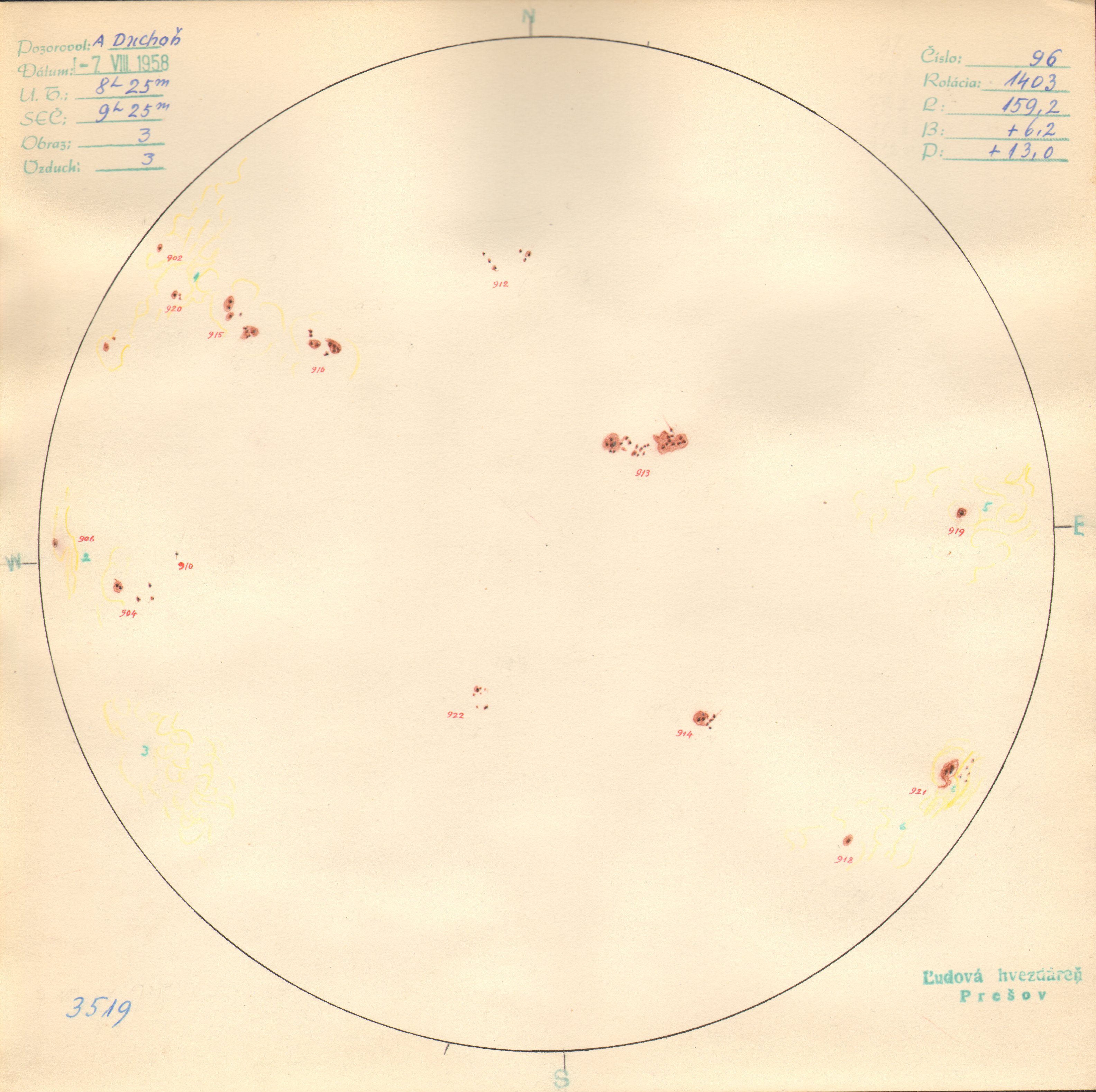 Obrázok zákresu Slnka na deň 07.08.1958