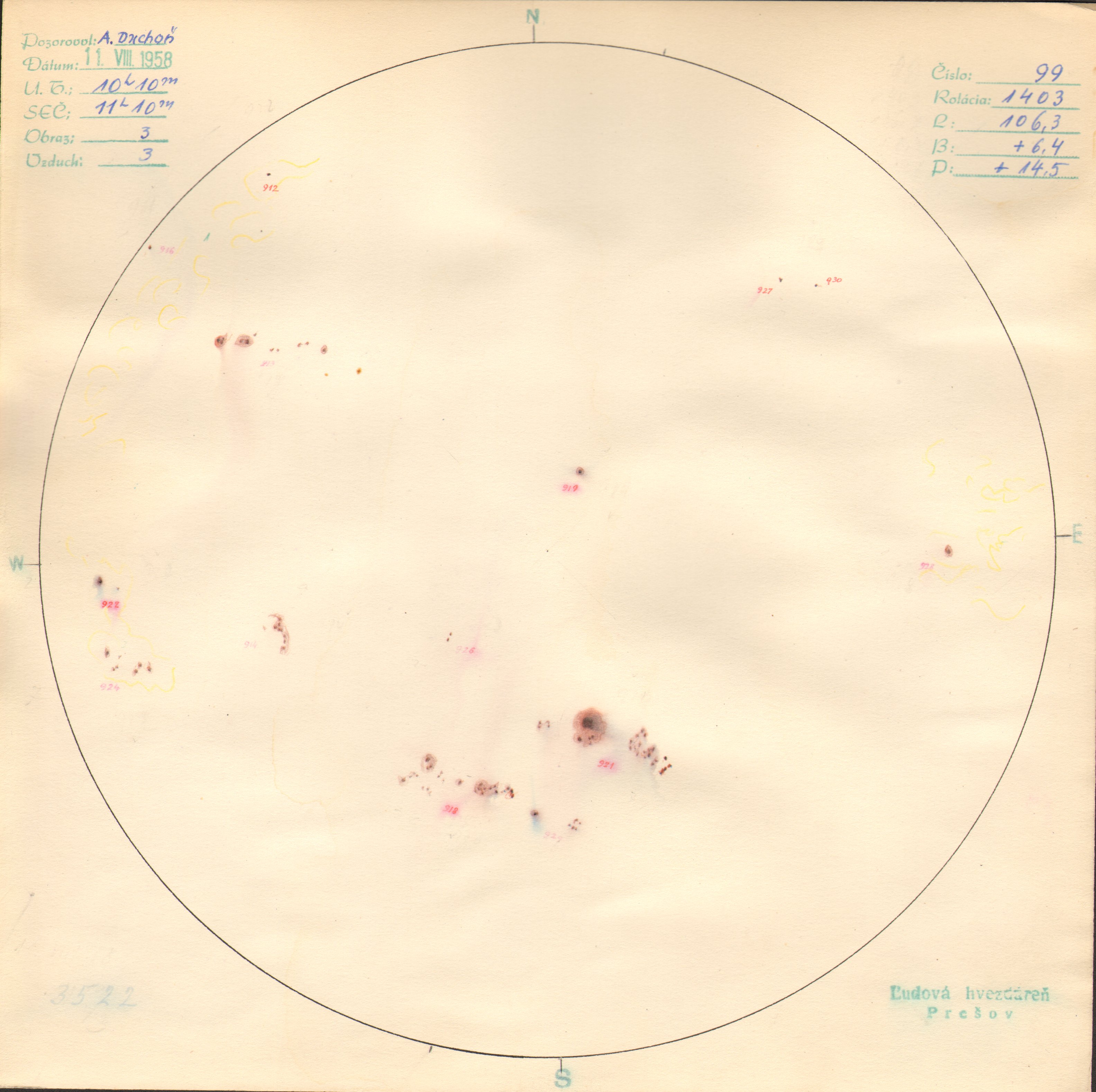 Obrázok zákresu Slnka na deň 11.08.1958