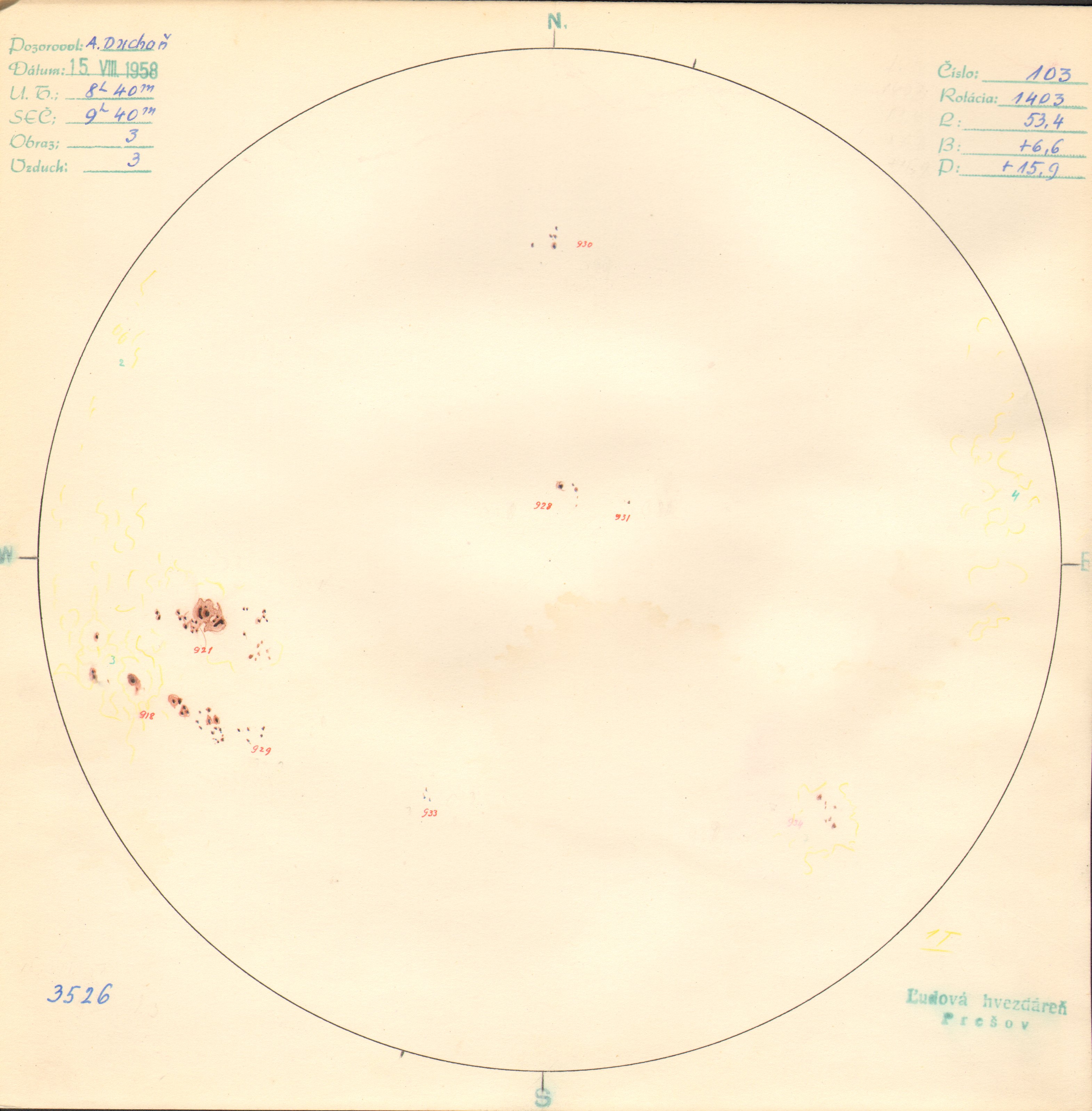 Obrázok zákresu Slnka na deň 15.08.1958