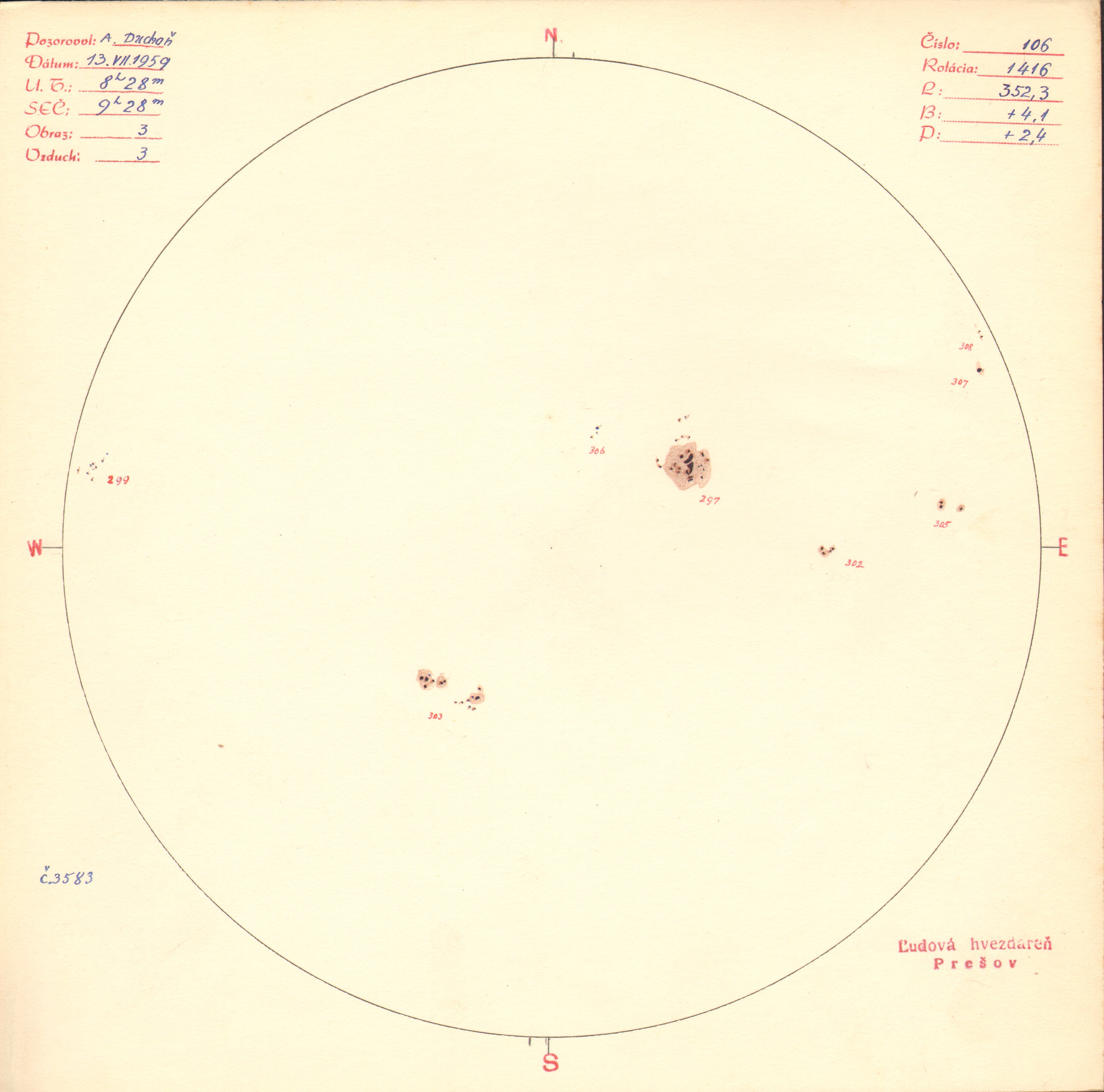 Obrázok zákresu Slnka na deň 13.07.1959