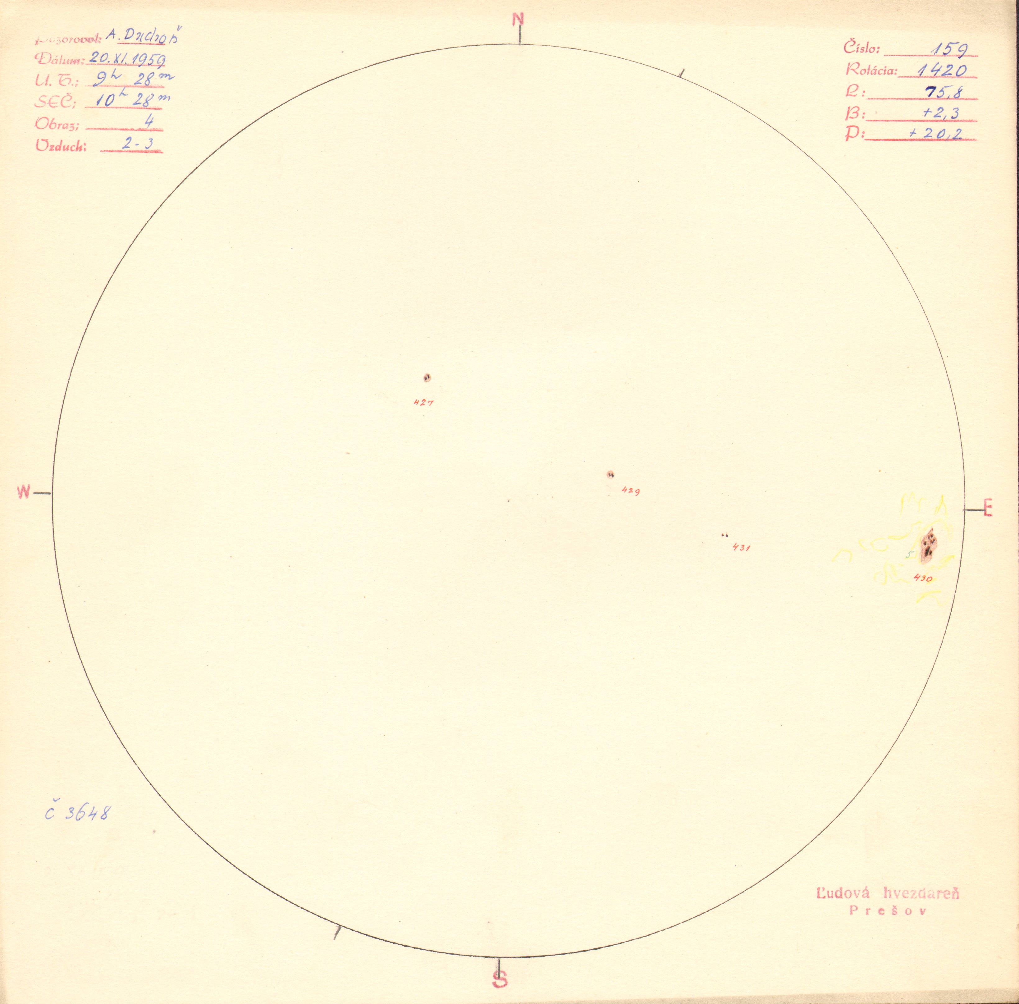 Obrázok zákresu Slnka na deň 20.11.1959