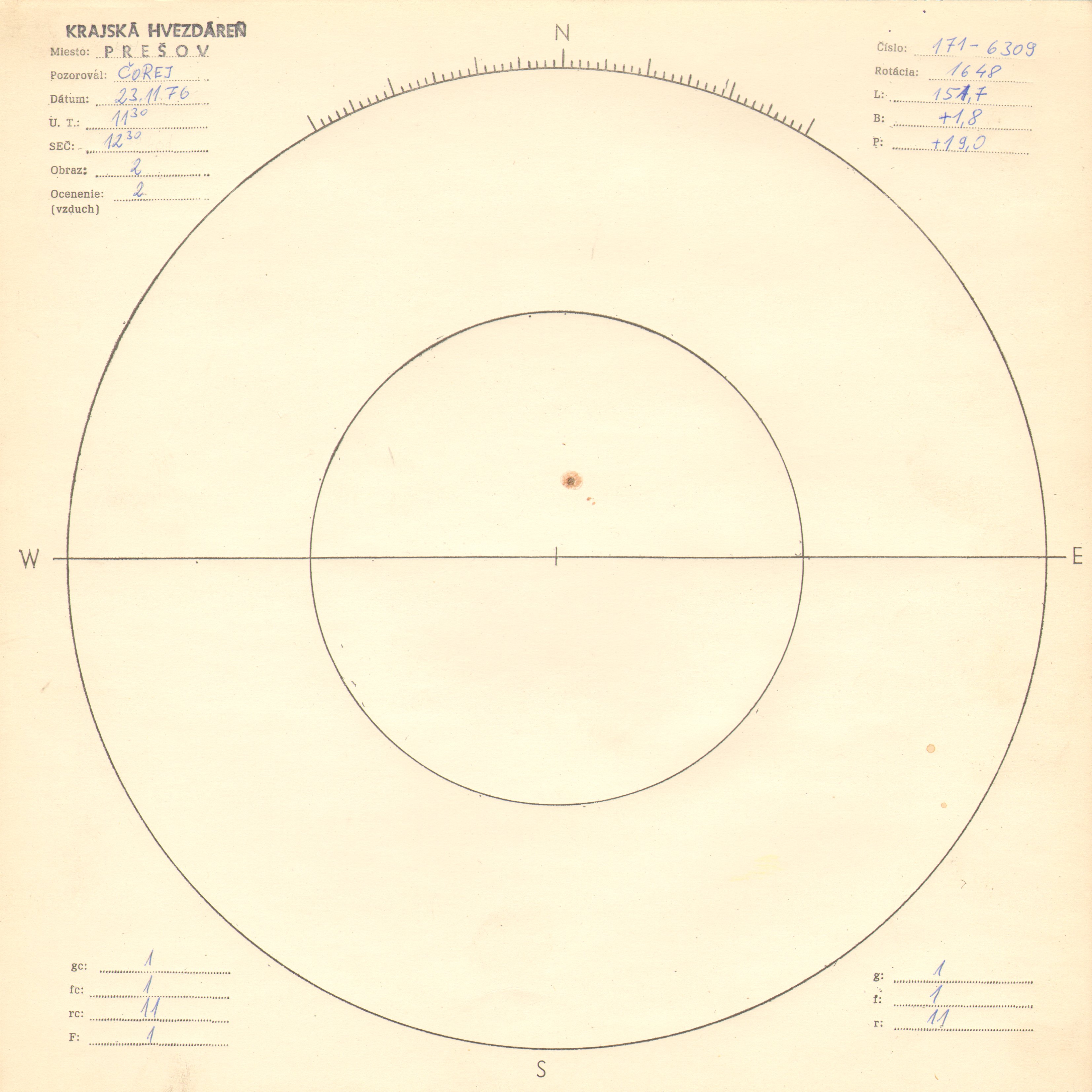 Obrázok zákresu Slnka na deň 23.11.1976
