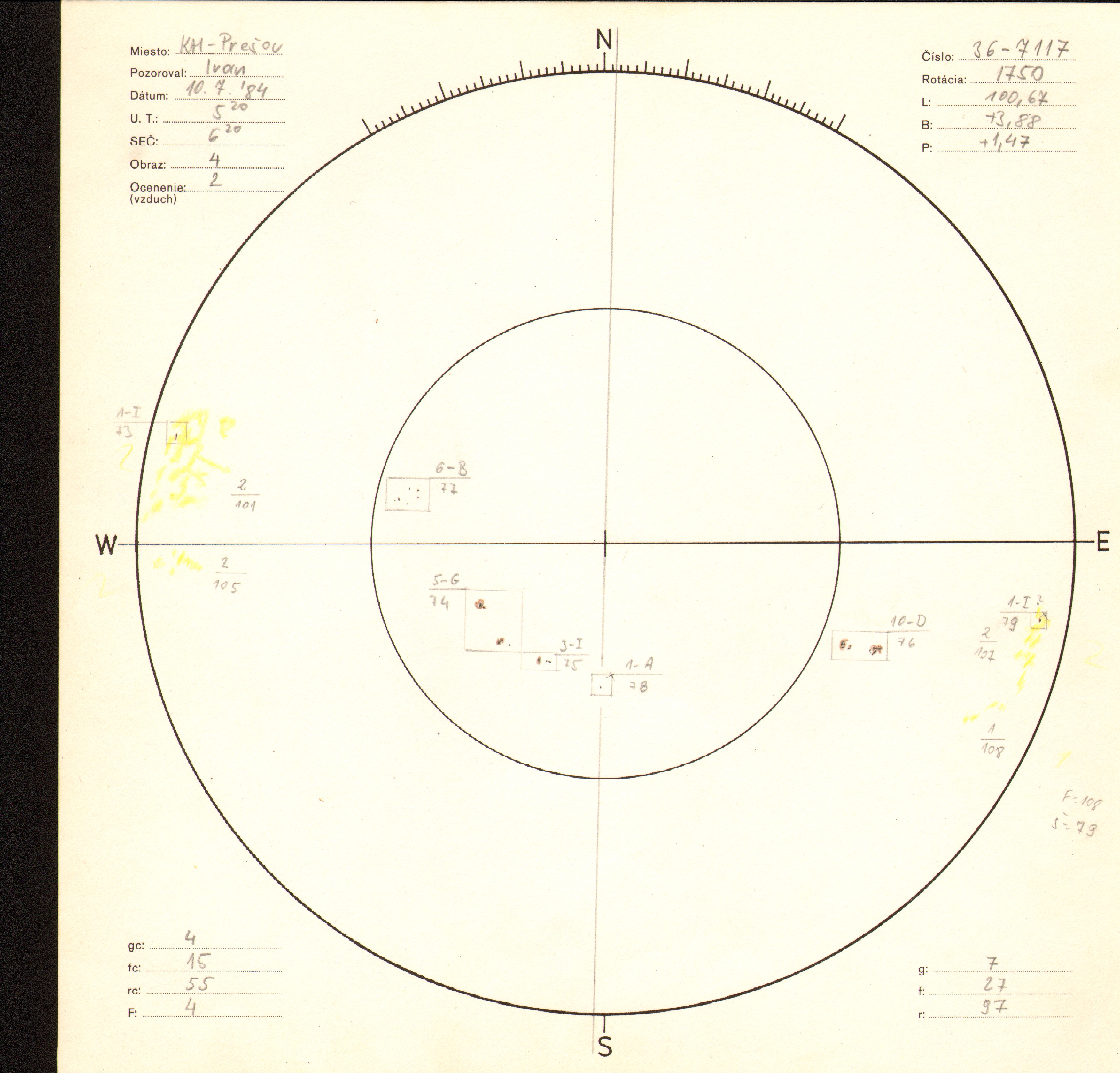 Obrázok zákresu Slnka na deň 10.07.1984