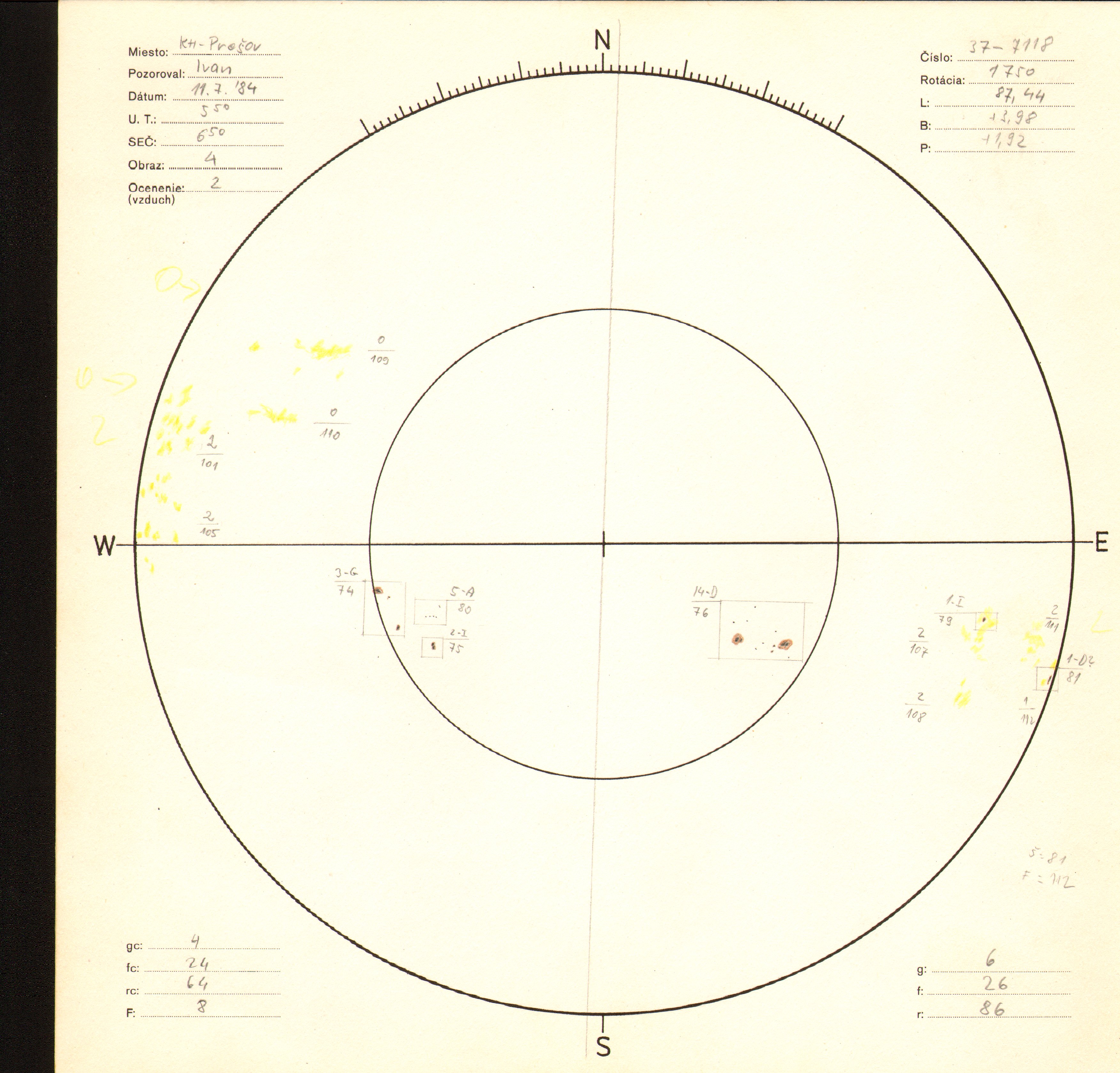 Obrázok zákresu Slnka na deň 11.07.1984