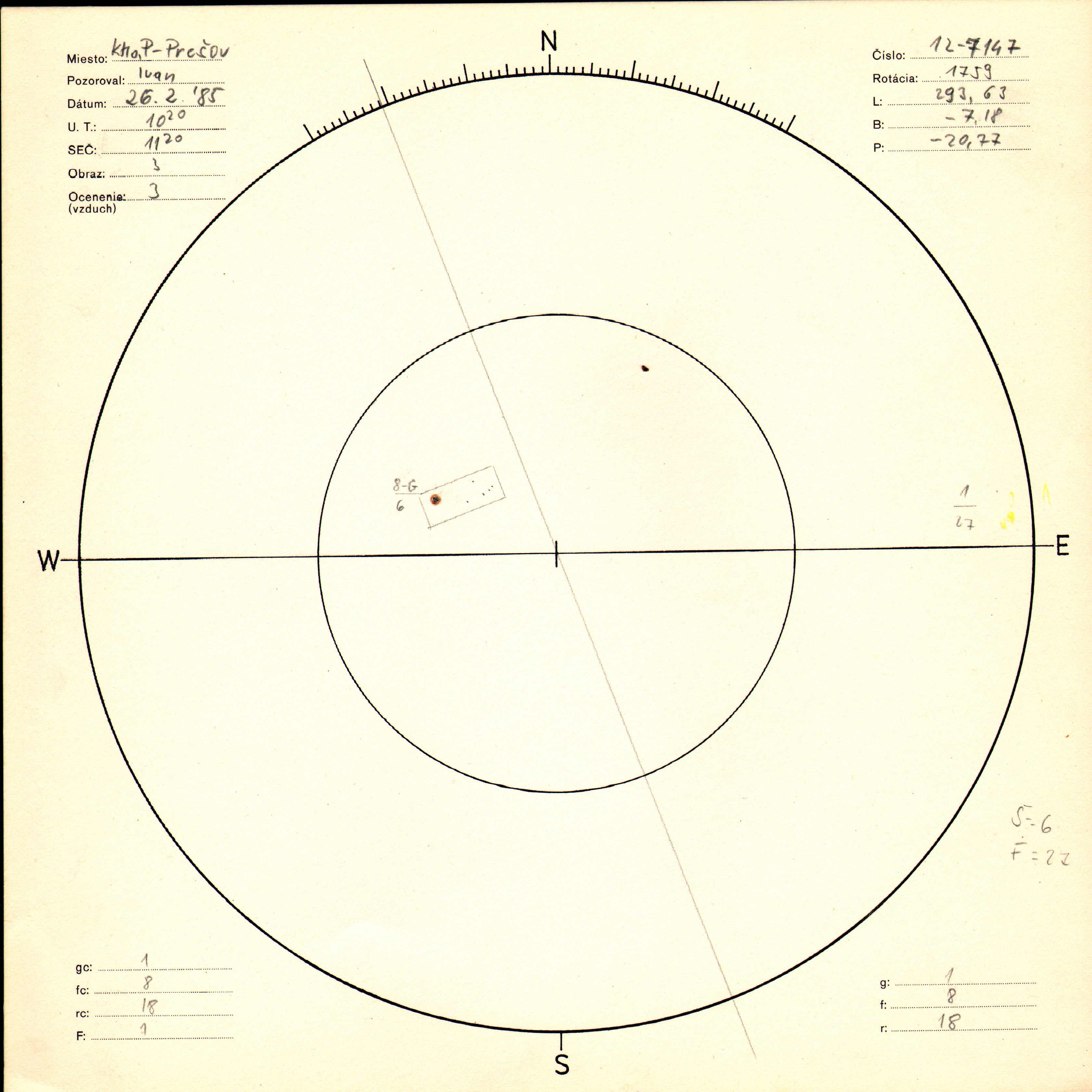 Obrázok zákresu Slnka na deň 26.02.1985