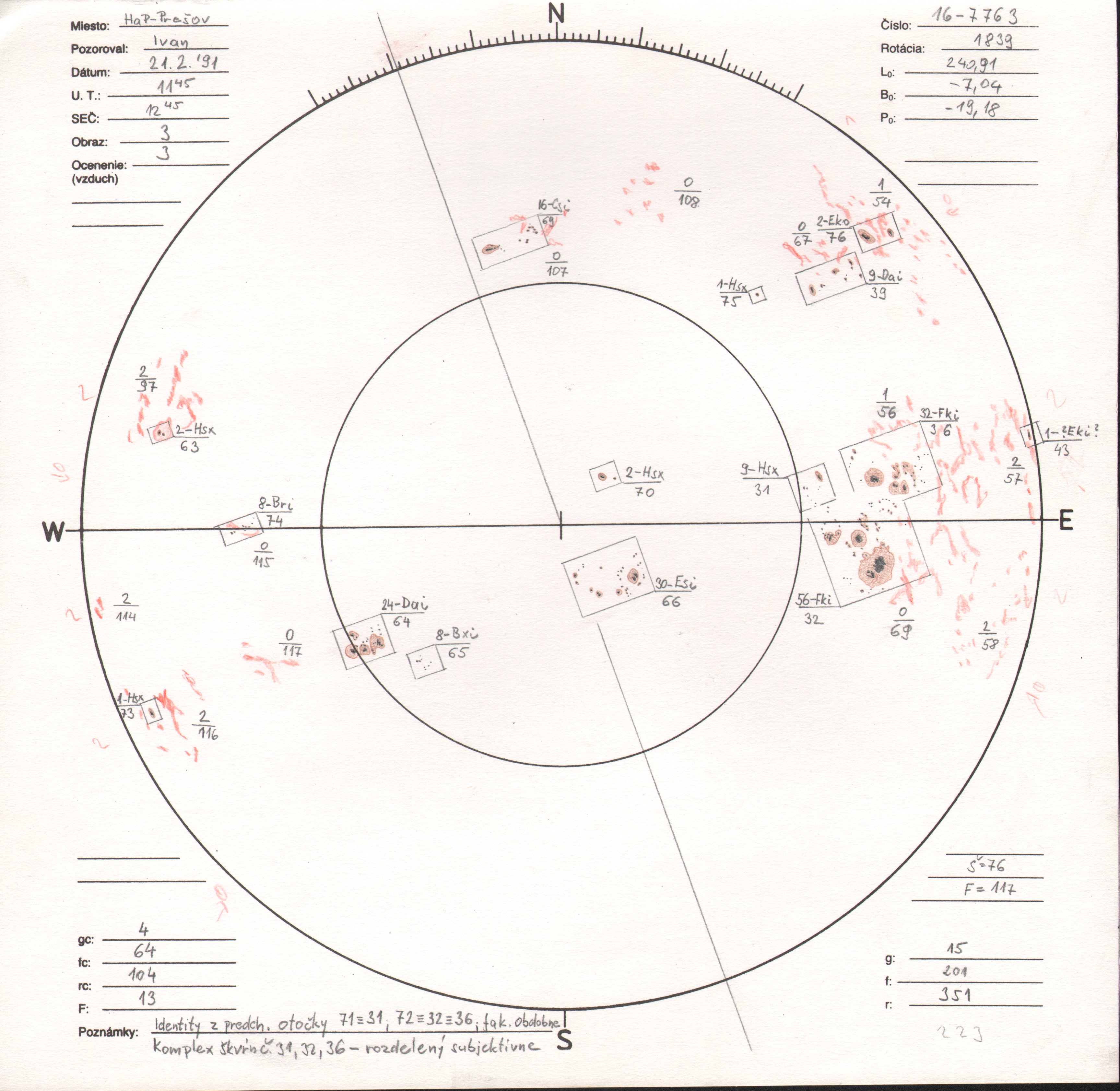 Obrázok zákresu Slnka na deň 21.02.1991