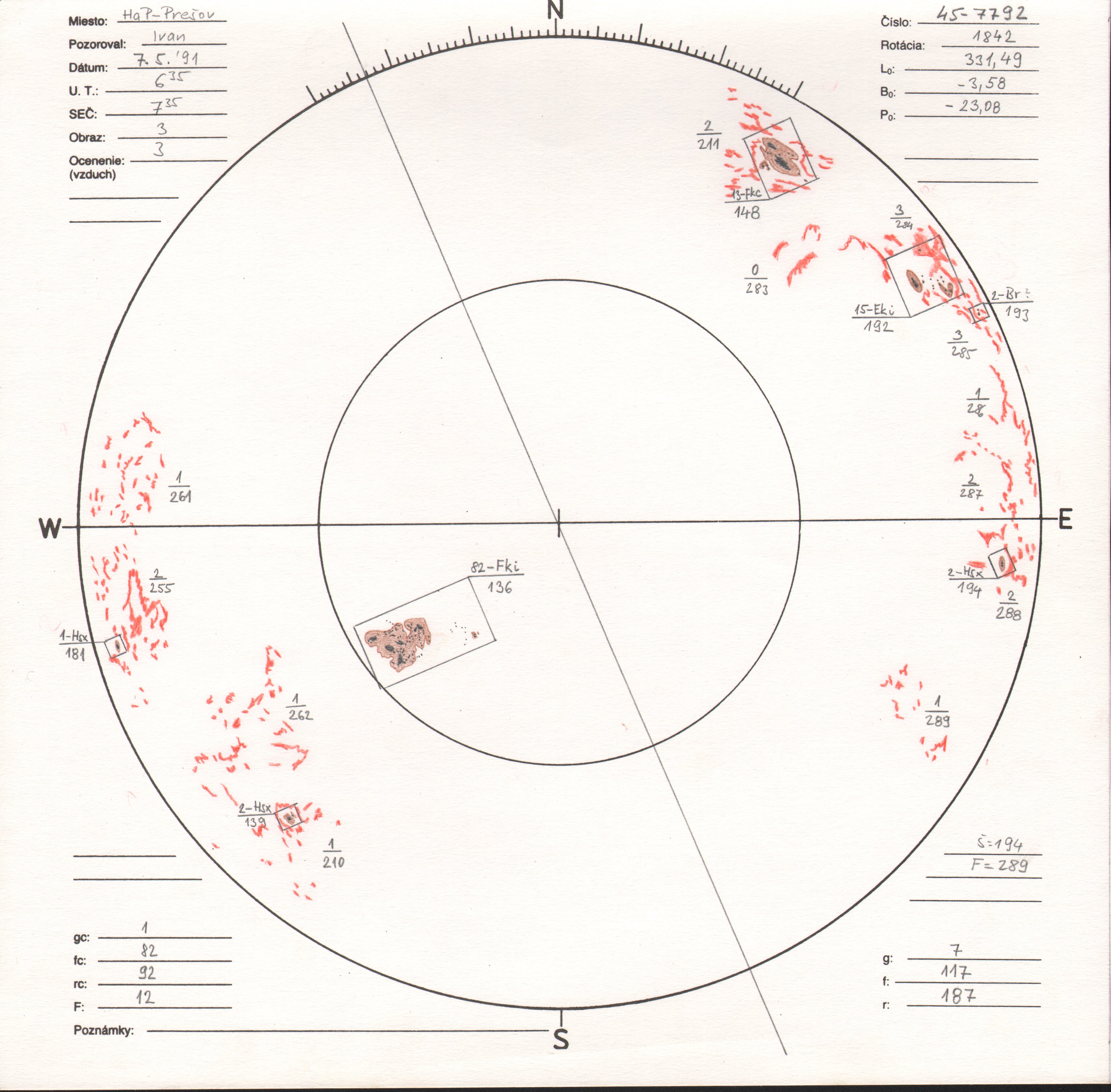 Obrázok zákresu Slnka na deň 07.05.1991