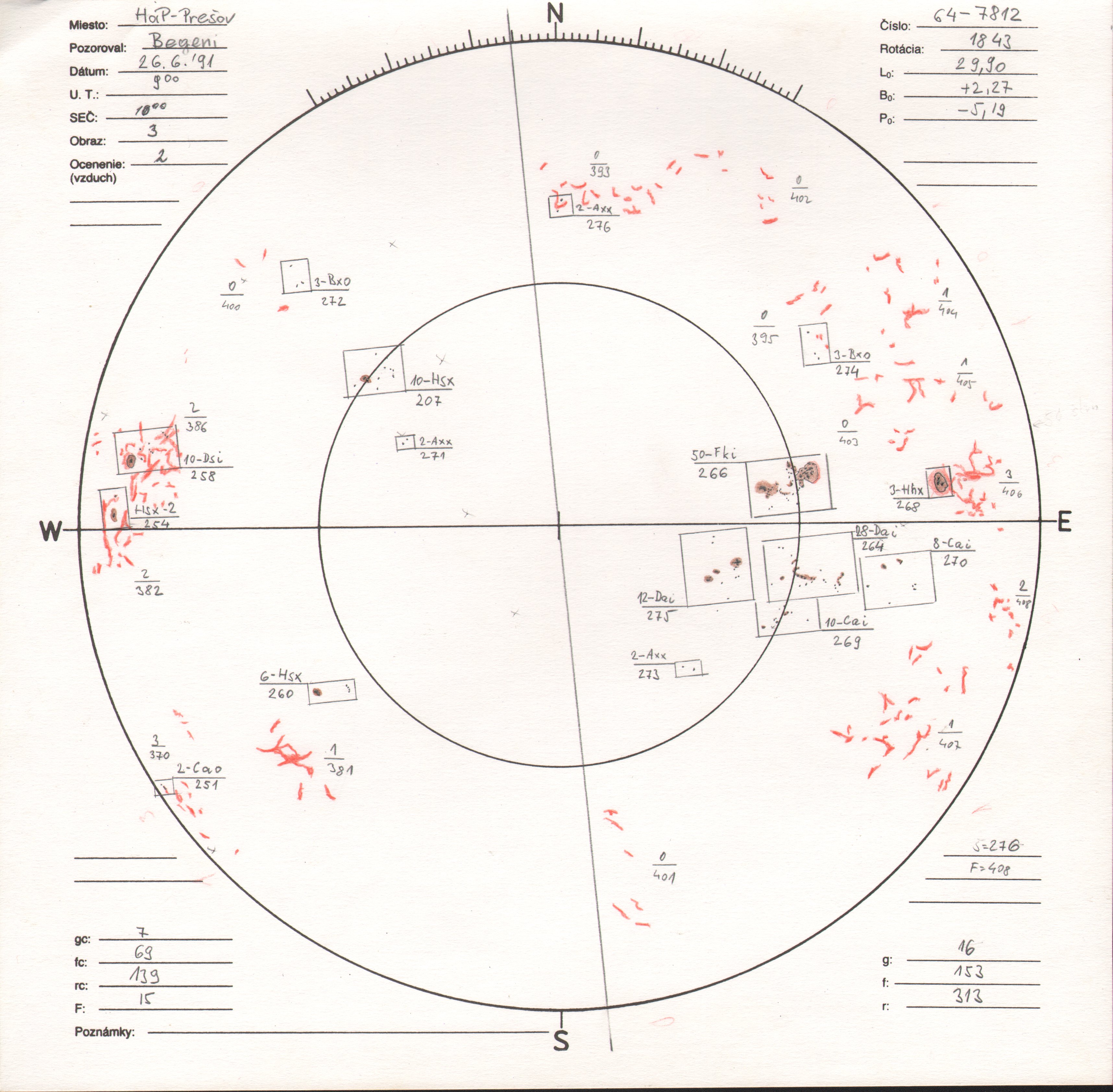 Obrázok zákresu Slnka na deň 26.06.1991