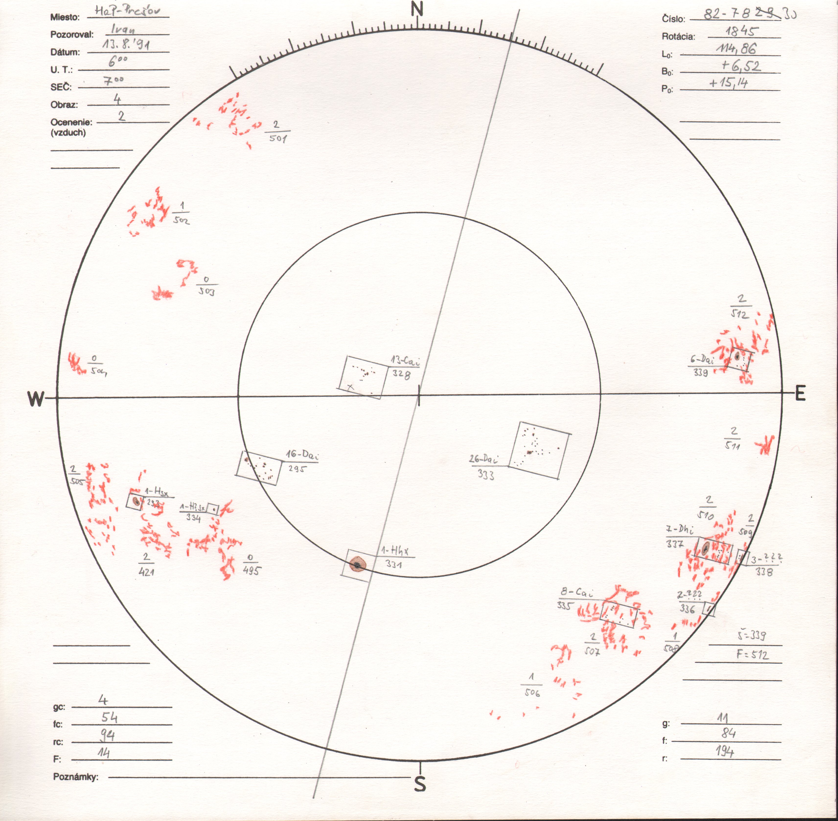 Obrázok zákresu Slnka na deň 13.08.1991