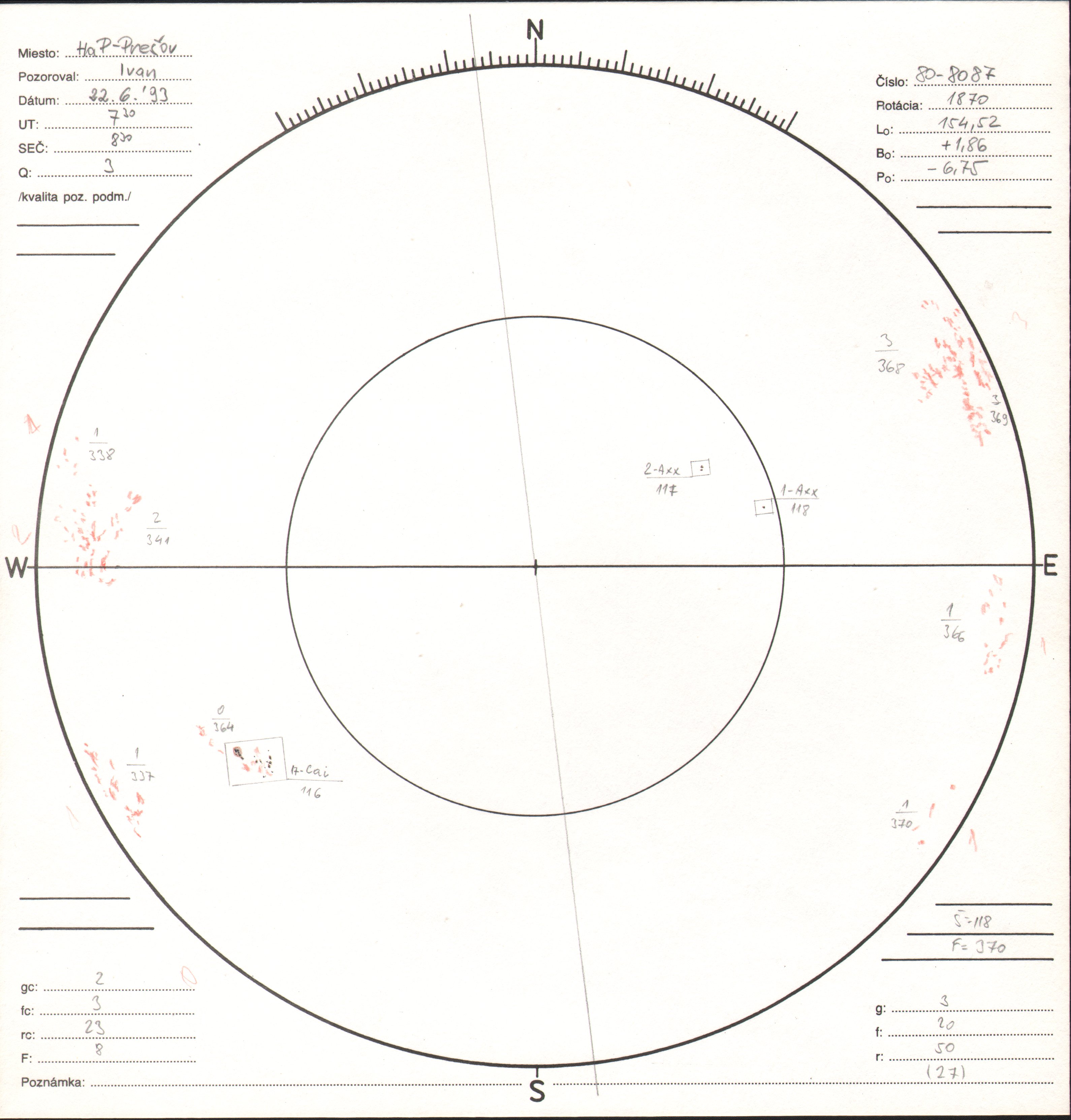 Obrázok zákresu Slnka na deň 22.06.1993