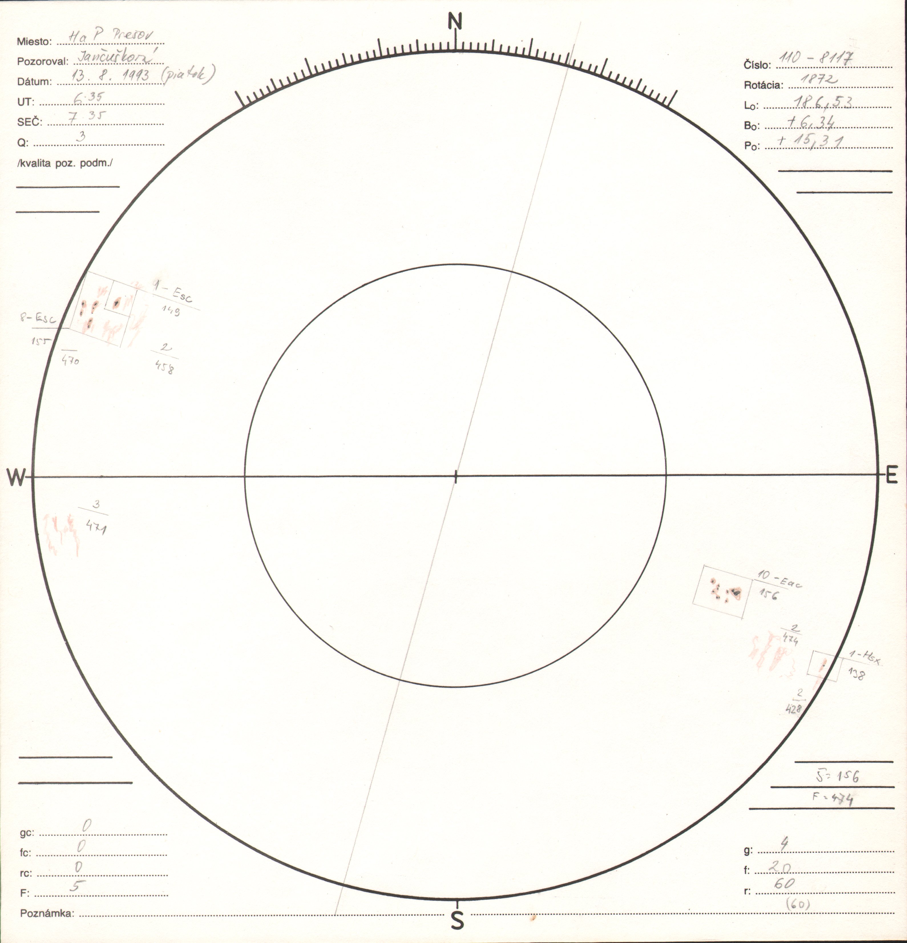 Obrázok zákresu Slnka na deň 13.08.1993