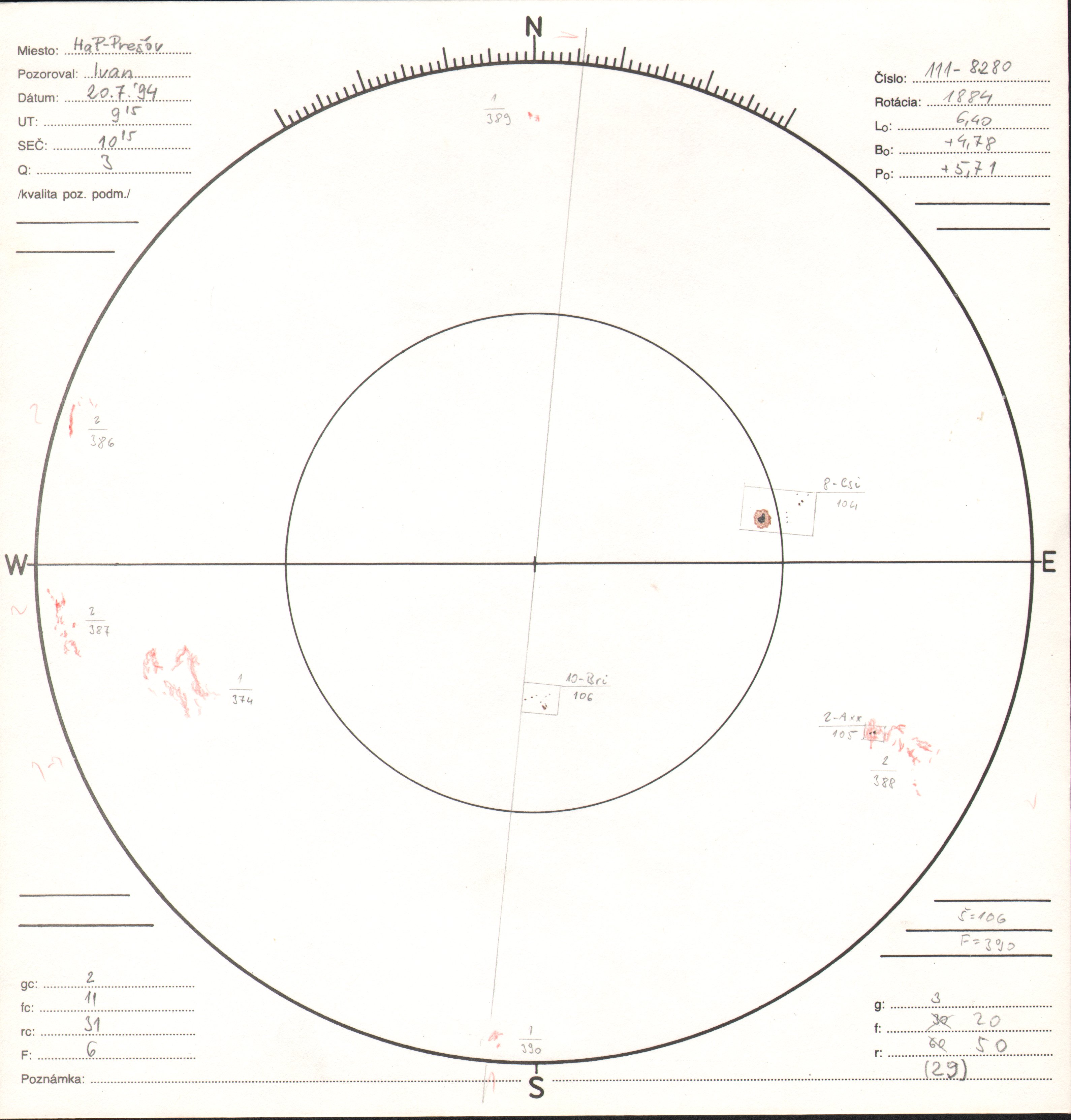 Obrázok zákresu Slnka na deň 20.07.1994