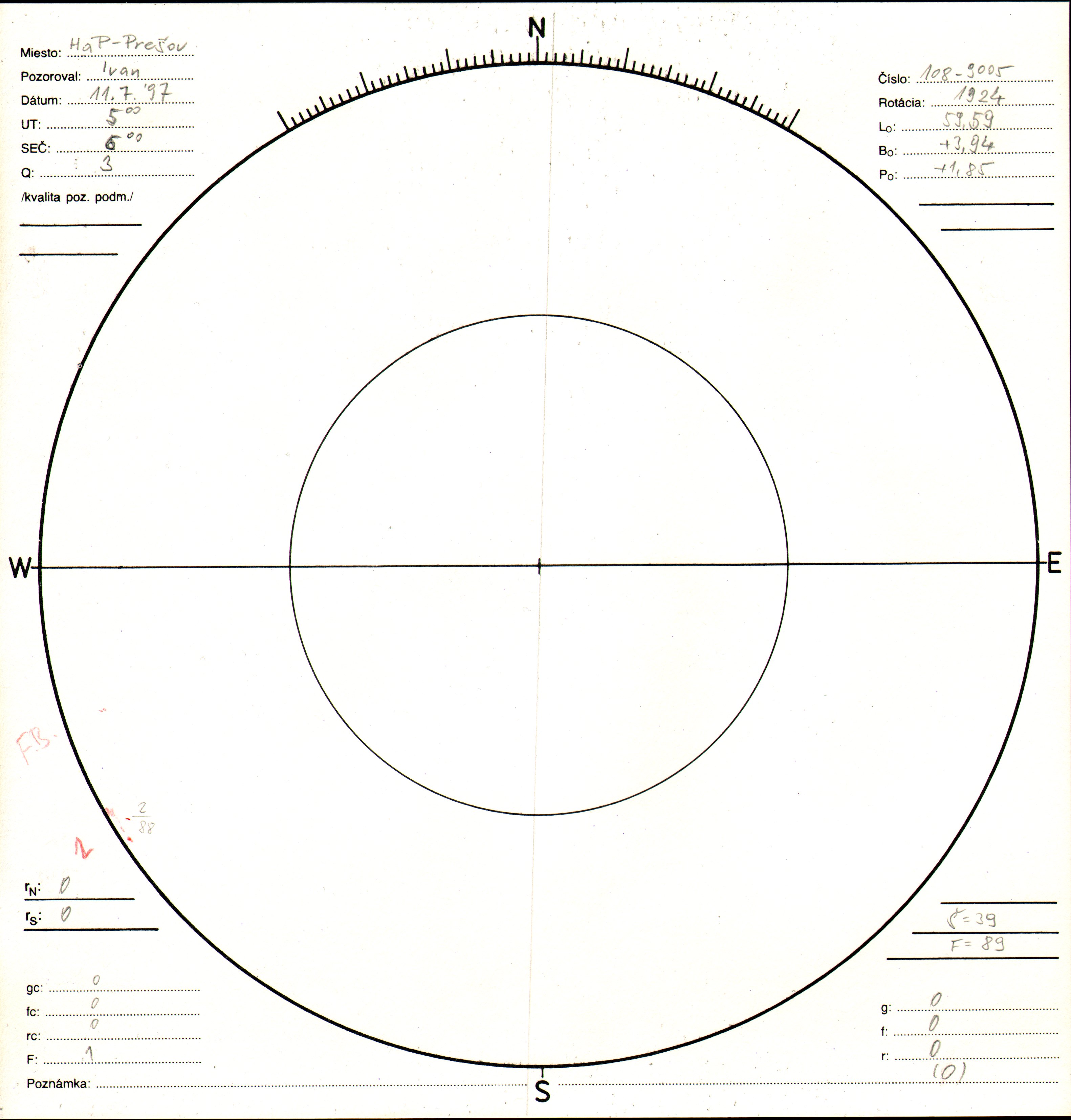 Obrázok zákresu Slnka na deň 11.07.1997