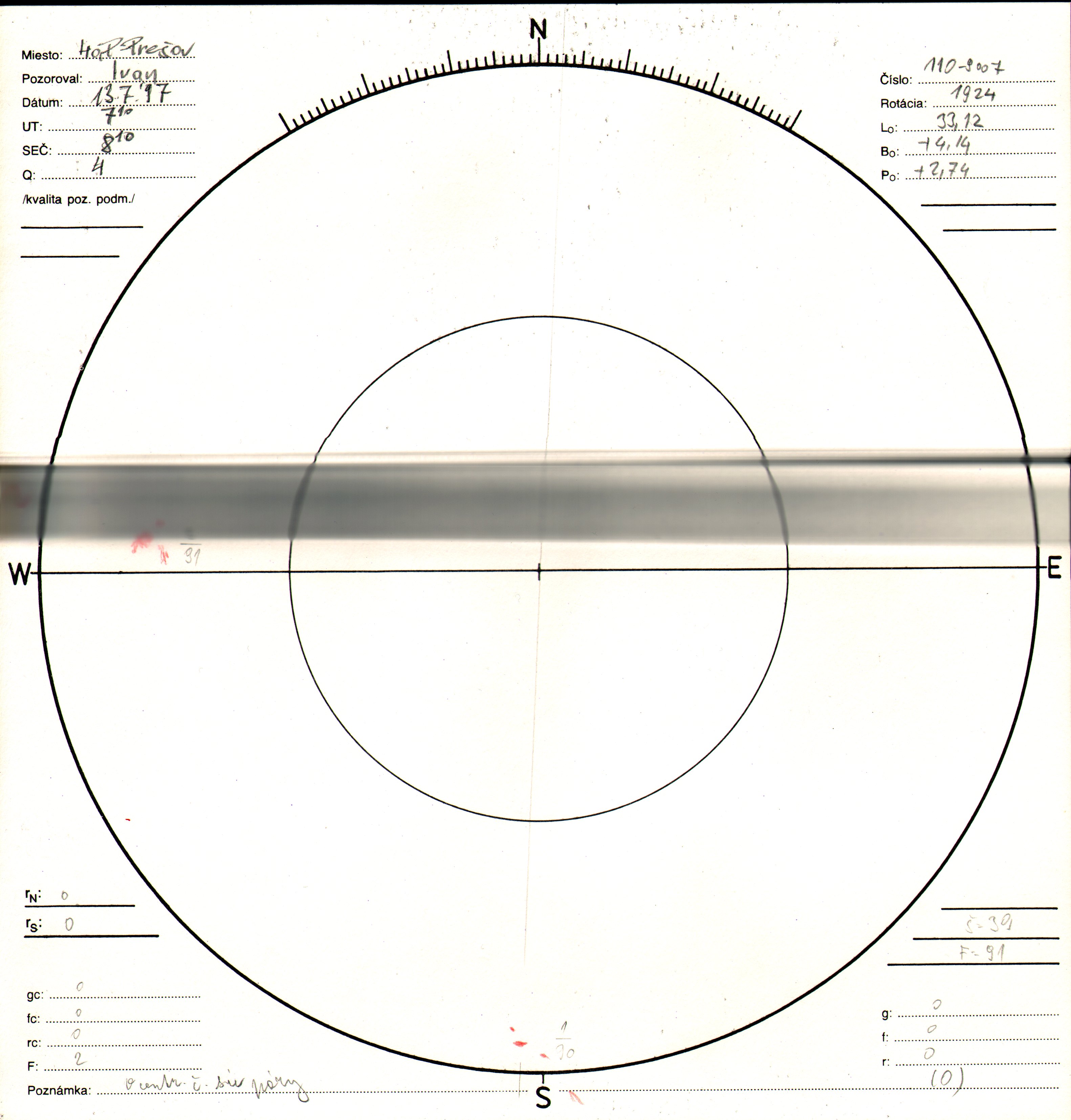 Obrázok zákresu Slnka na deň 13.07.1997